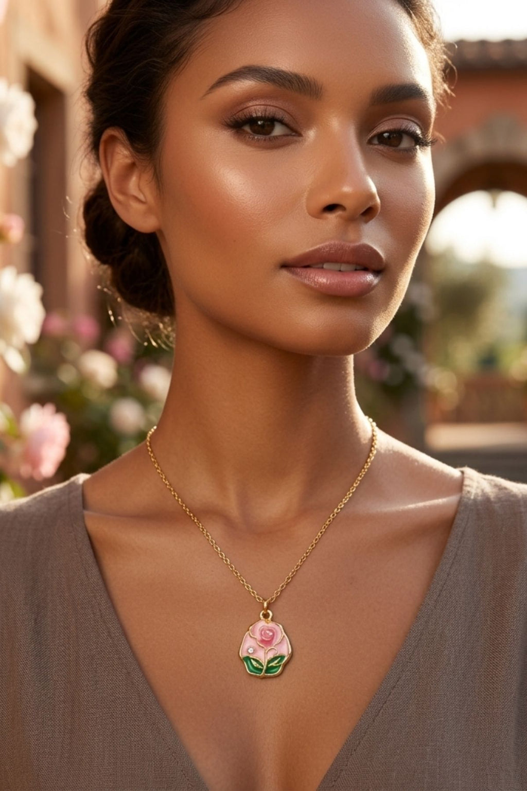 Gold-Toned Pink Enamelled Floral Necklace