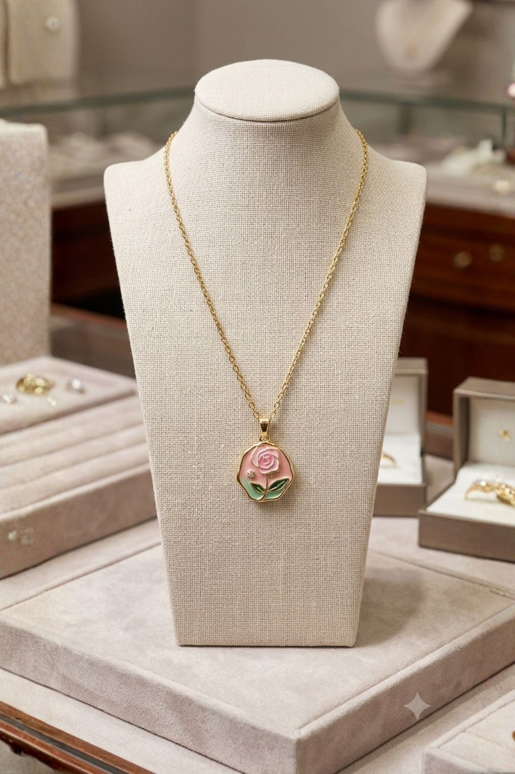 Gold-Toned Pink Enamelled Floral Necklace