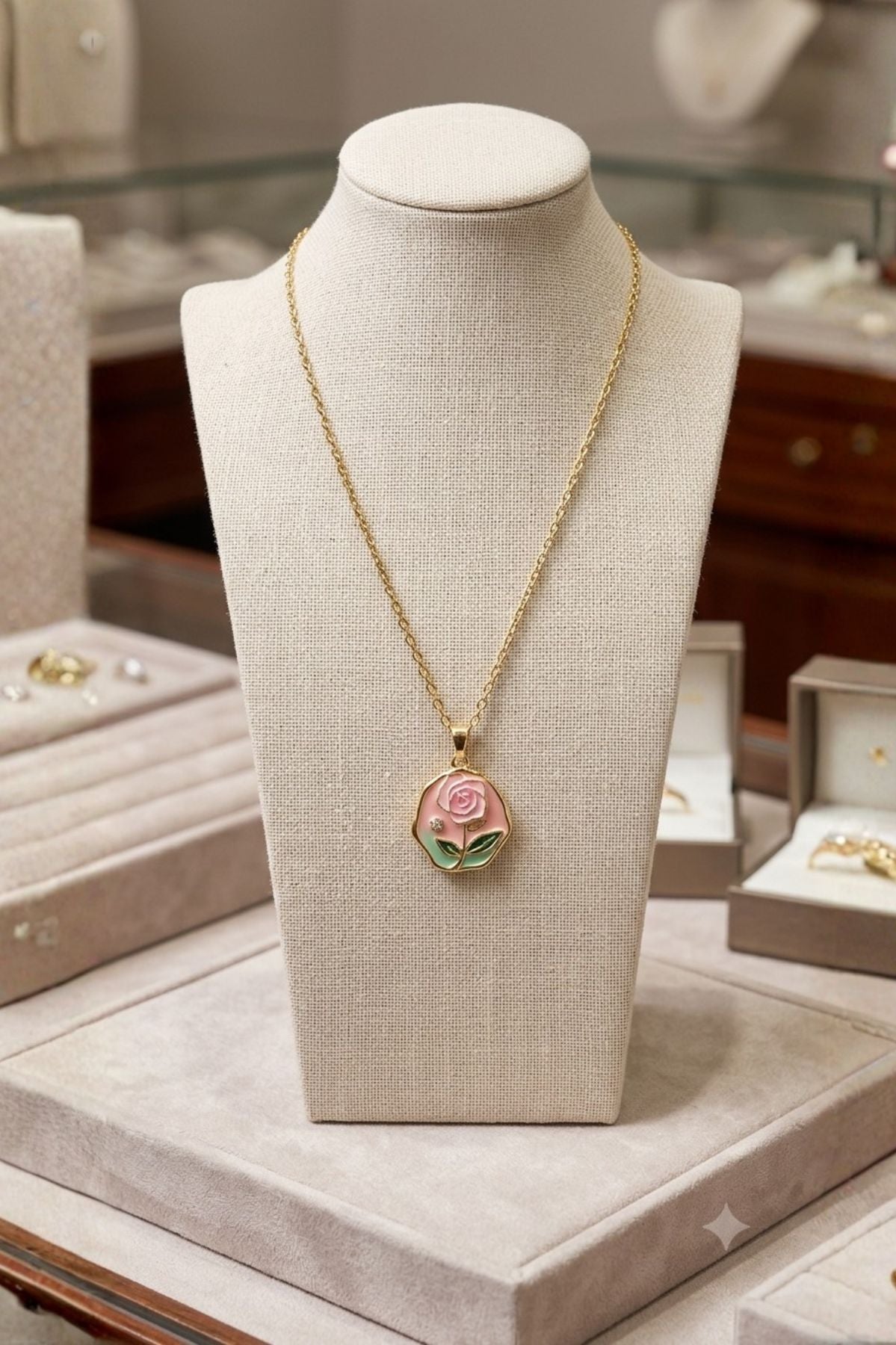Gold-Toned Pink Enamelled Floral Necklace