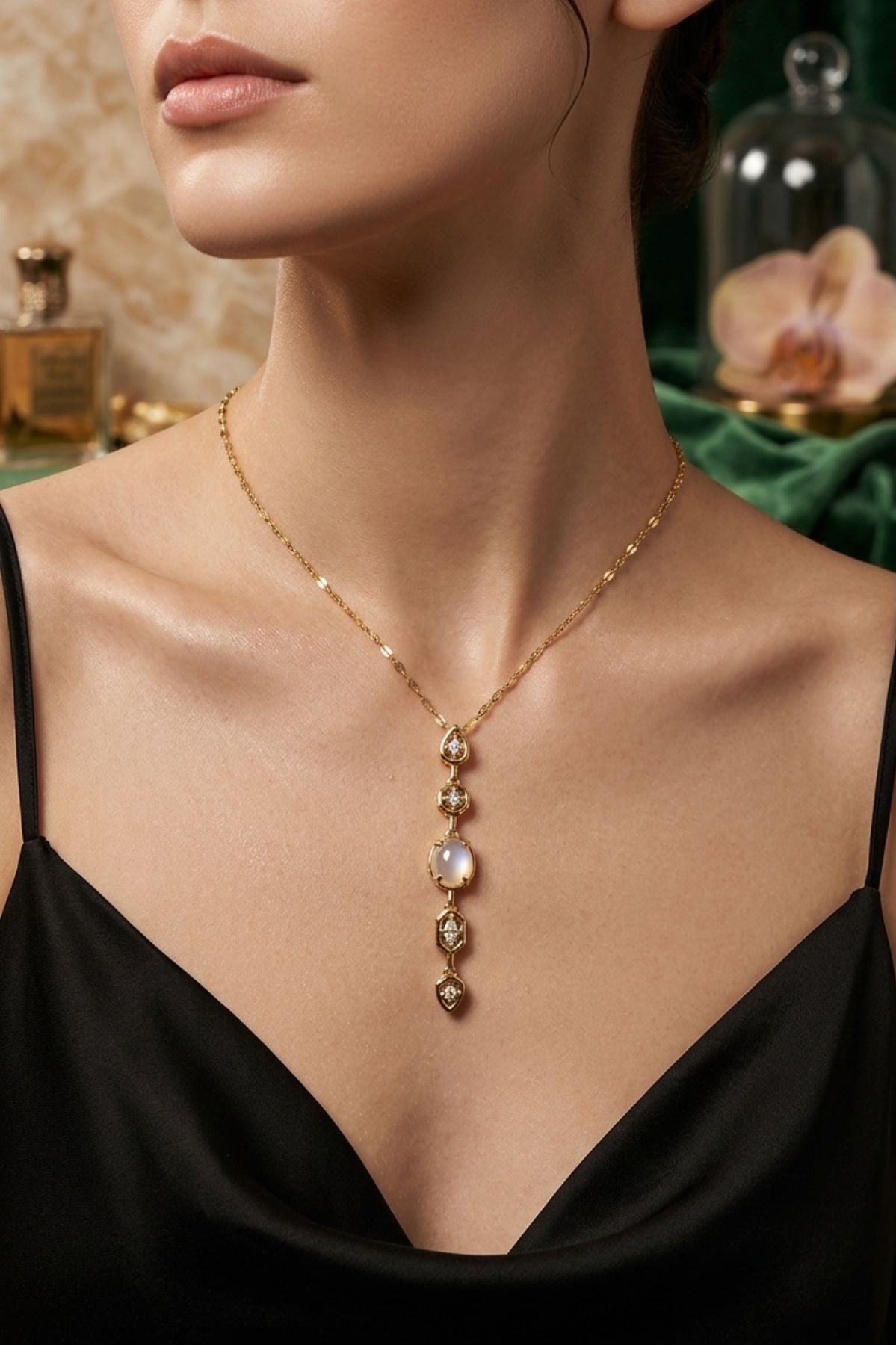Oval Central Stone Charm Pendant Chain