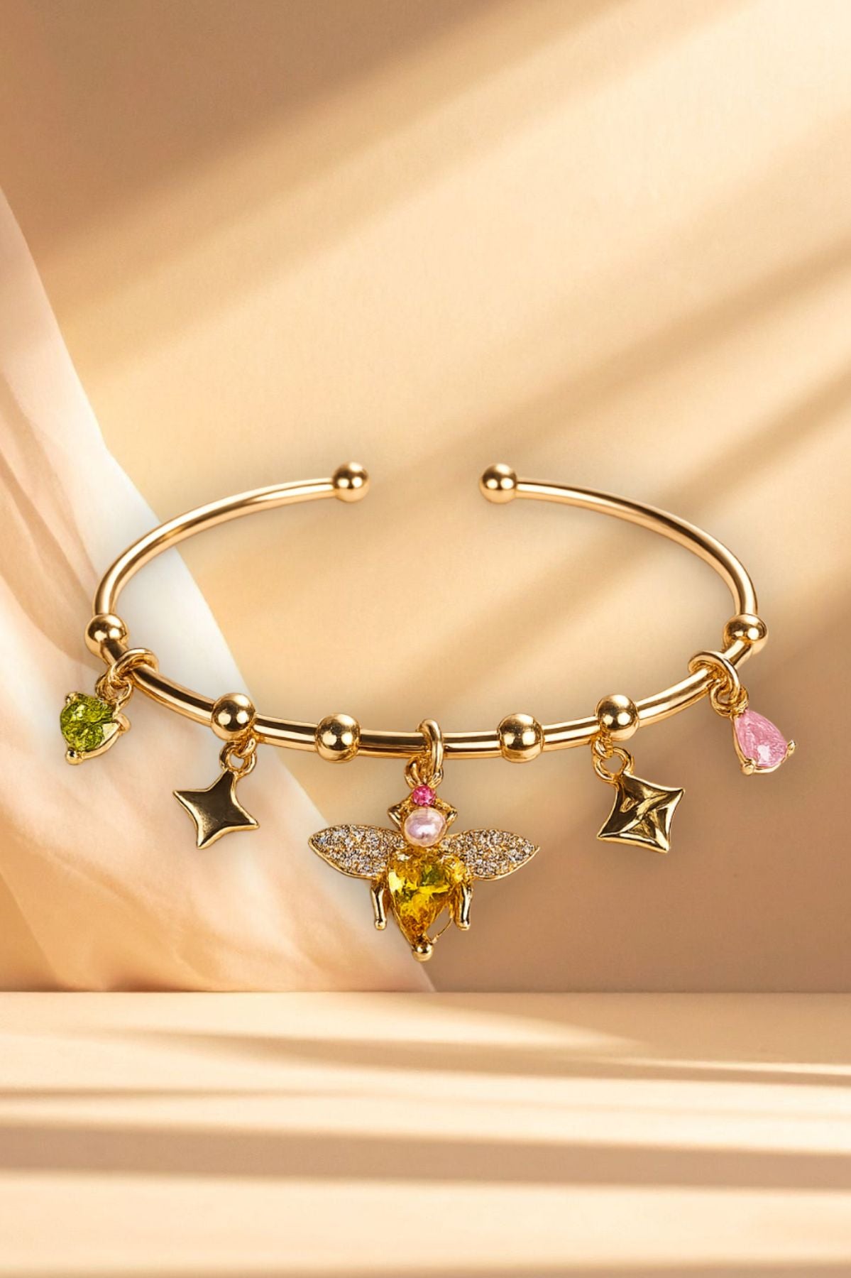 Golden Bee Charm Cuff Bracelet