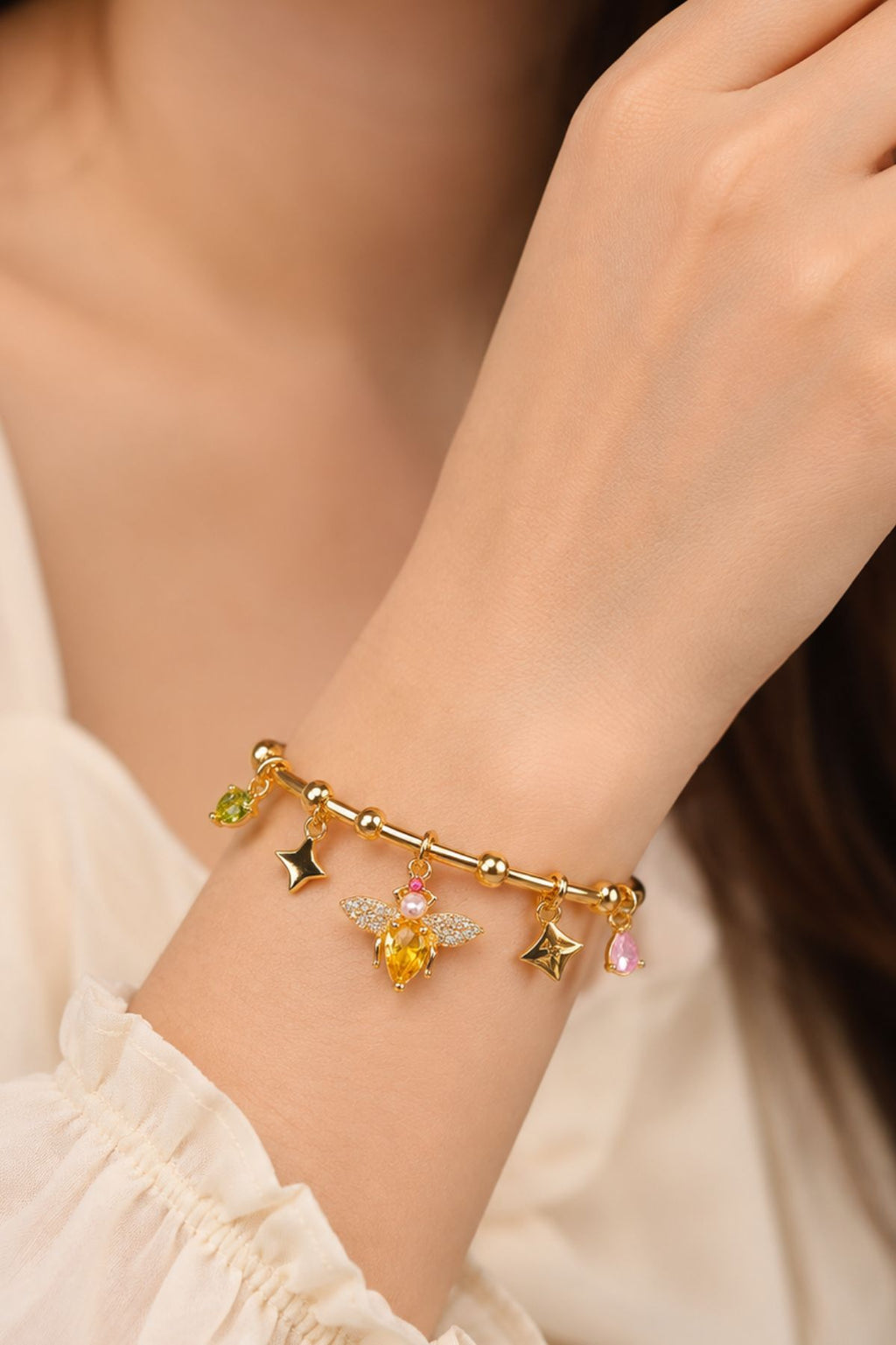 Golden Bee Charm Cuff Bracelet