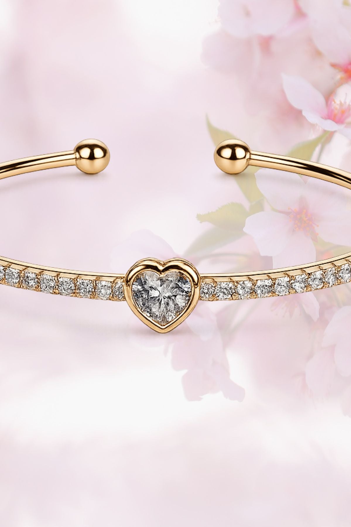 Heart Bangle Bracelet with White Stones