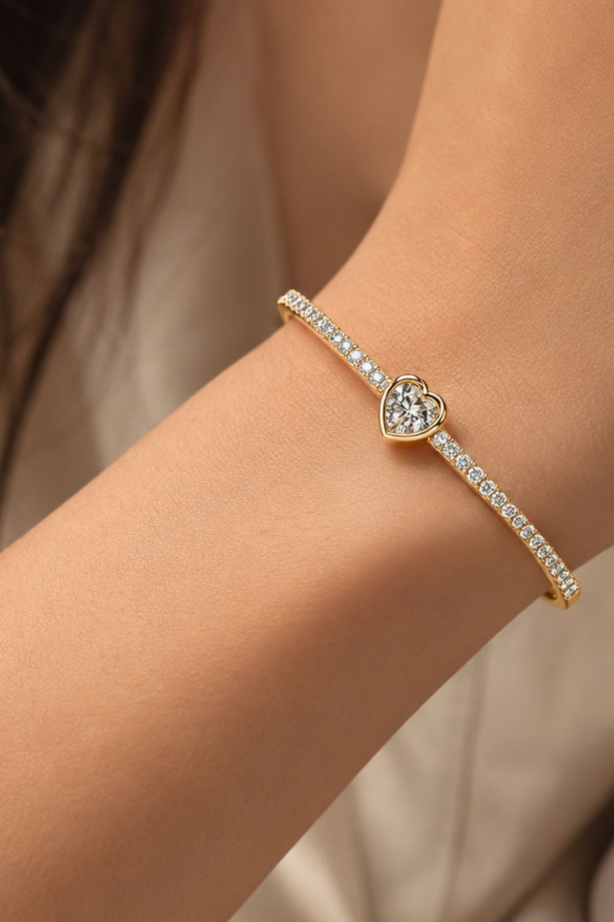Heart Bangle Bracelet with White Stones