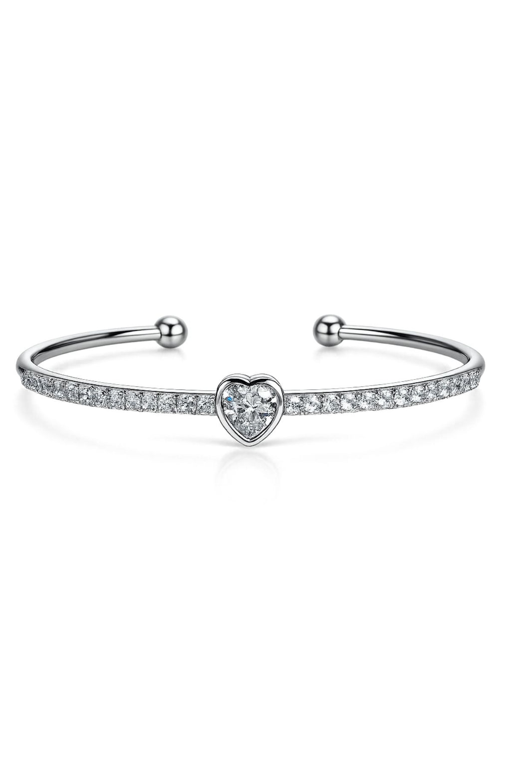 Heart Bangle Bracelet with White Stones in Silver