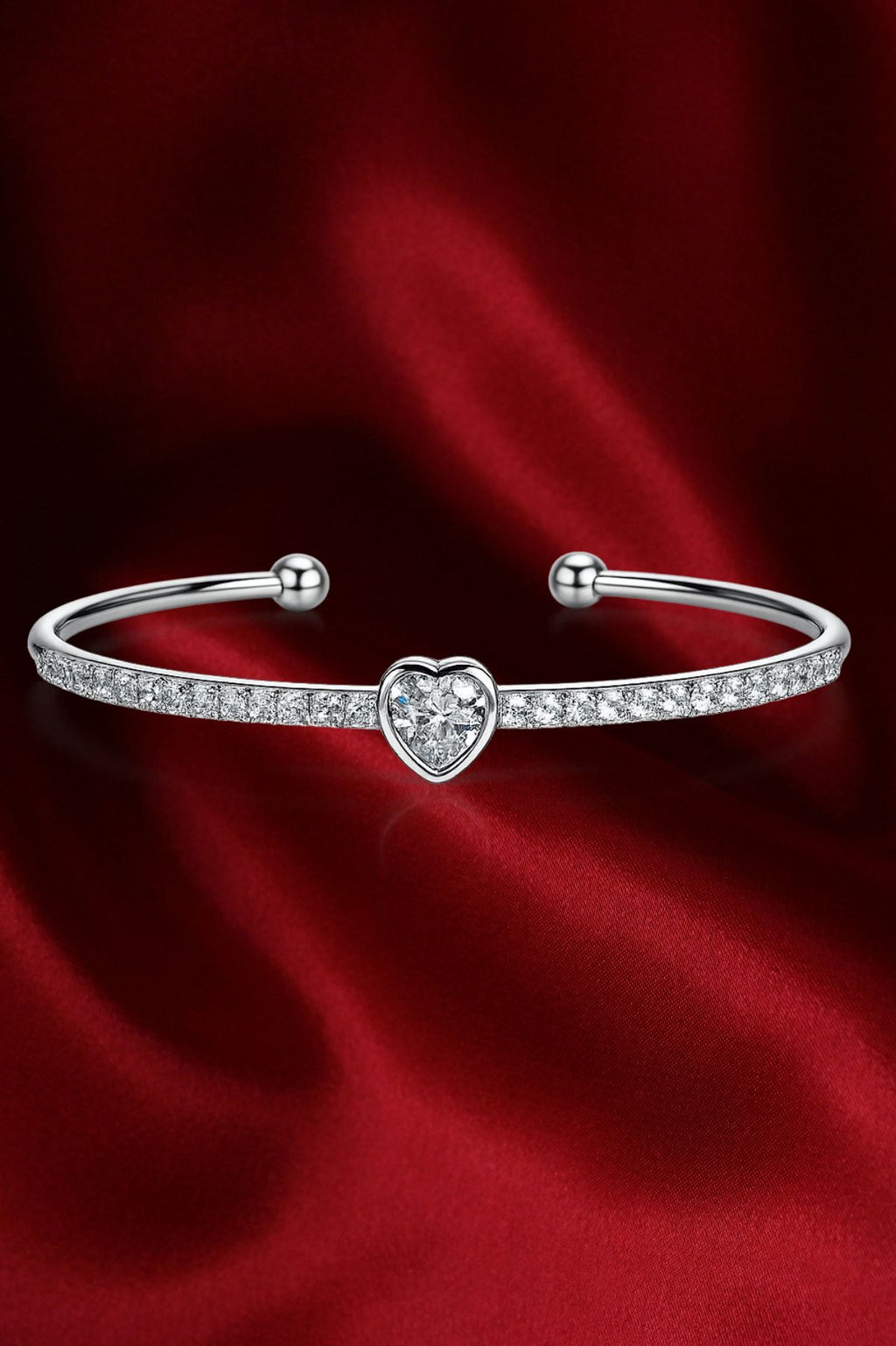 Heart Bangle Bracelet with White Stones in Silver