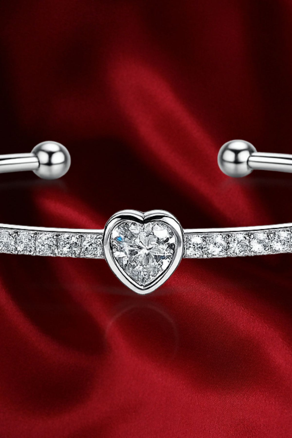 Heart Bangle Bracelet with White Stones in Silver
