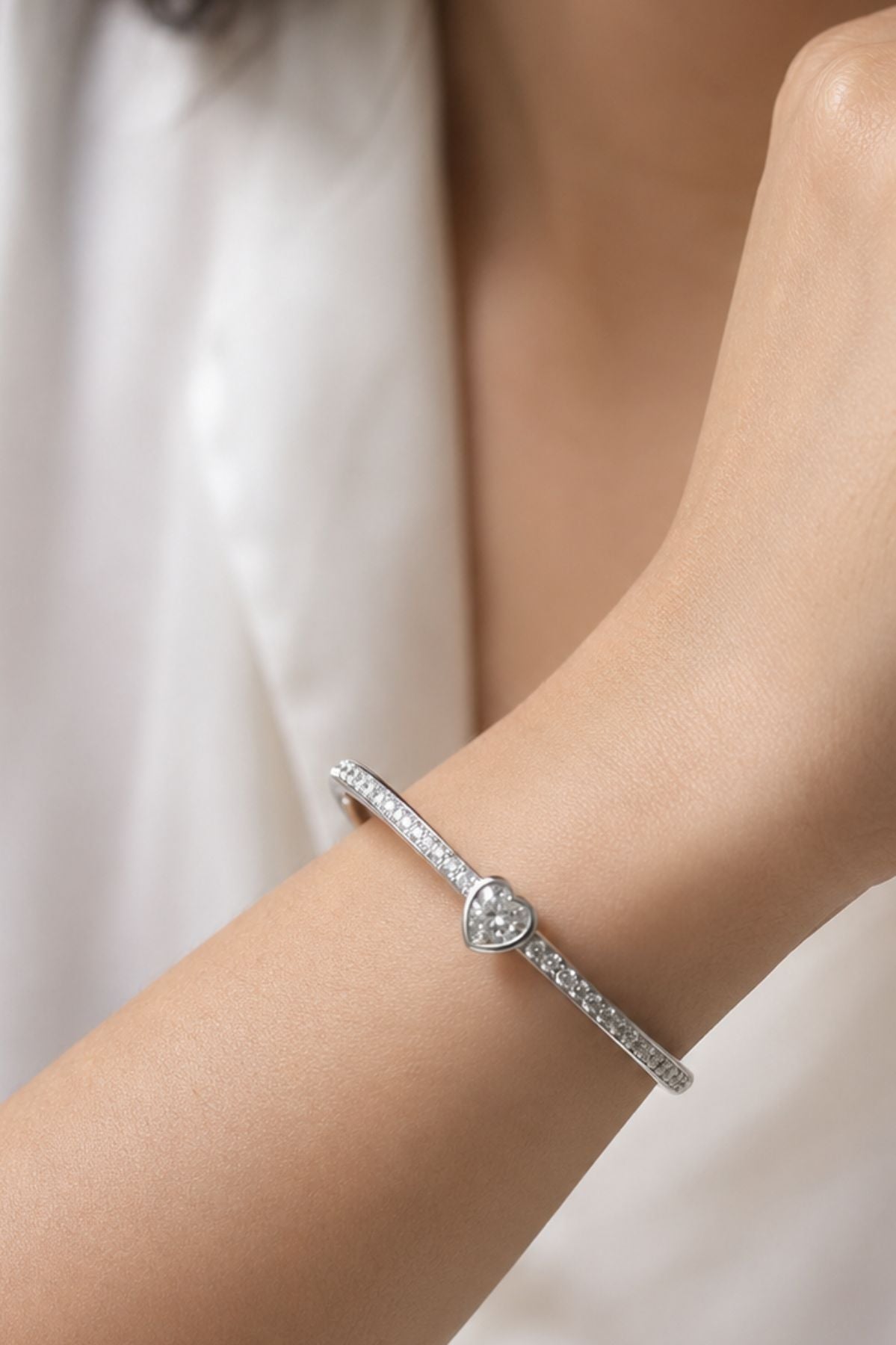 Heart Bangle Bracelet with White Stones in Silver