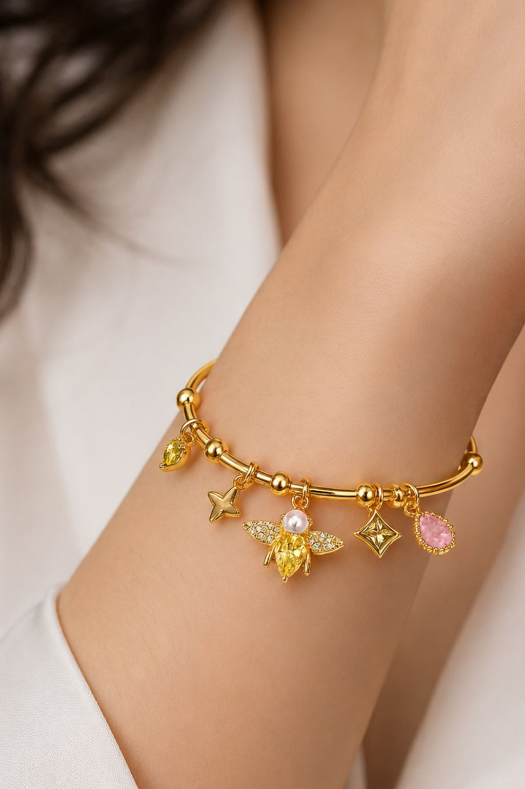 Golden Bee Charm Cuff Bracelet