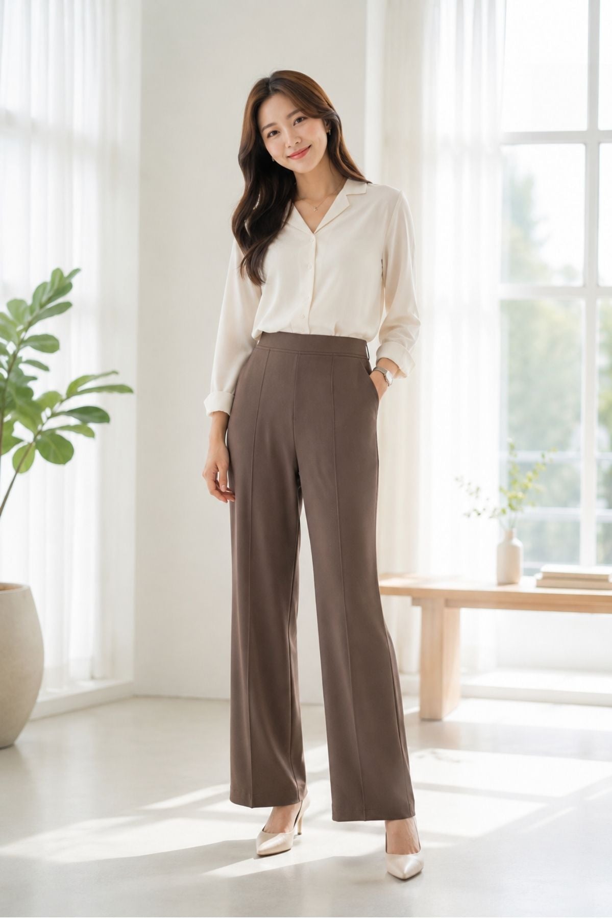 Casual Dark Brown Korean Pants