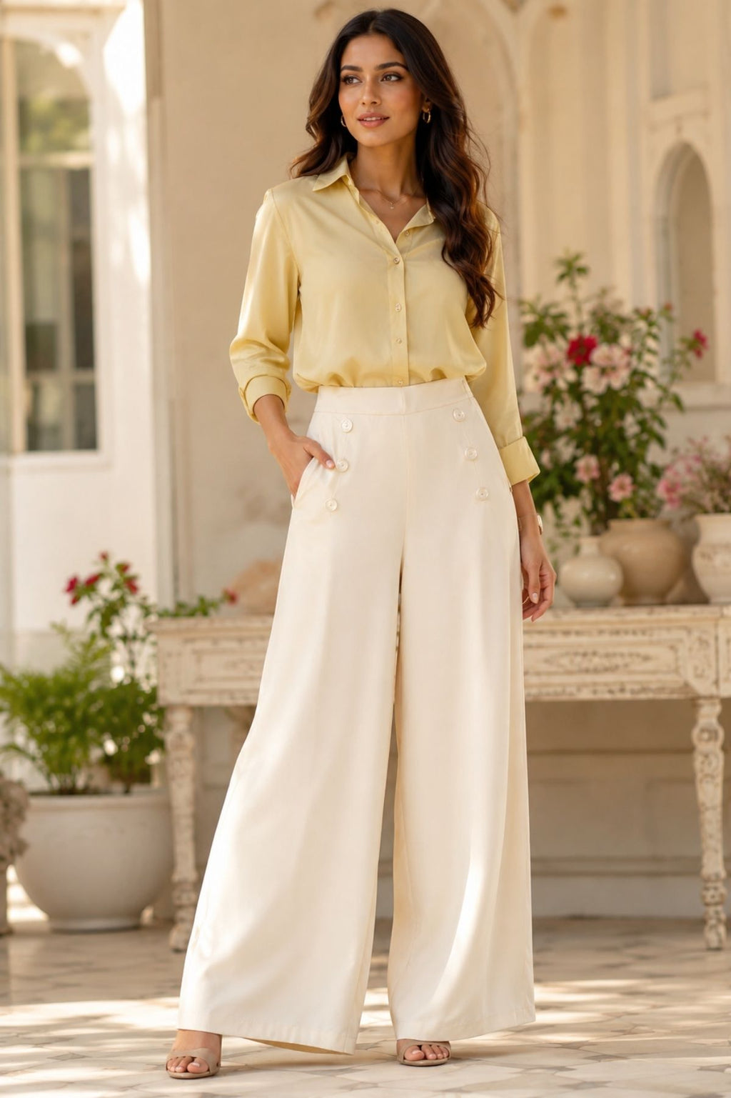 Korean Stylish Pleated Wide-Leg Cream Pants