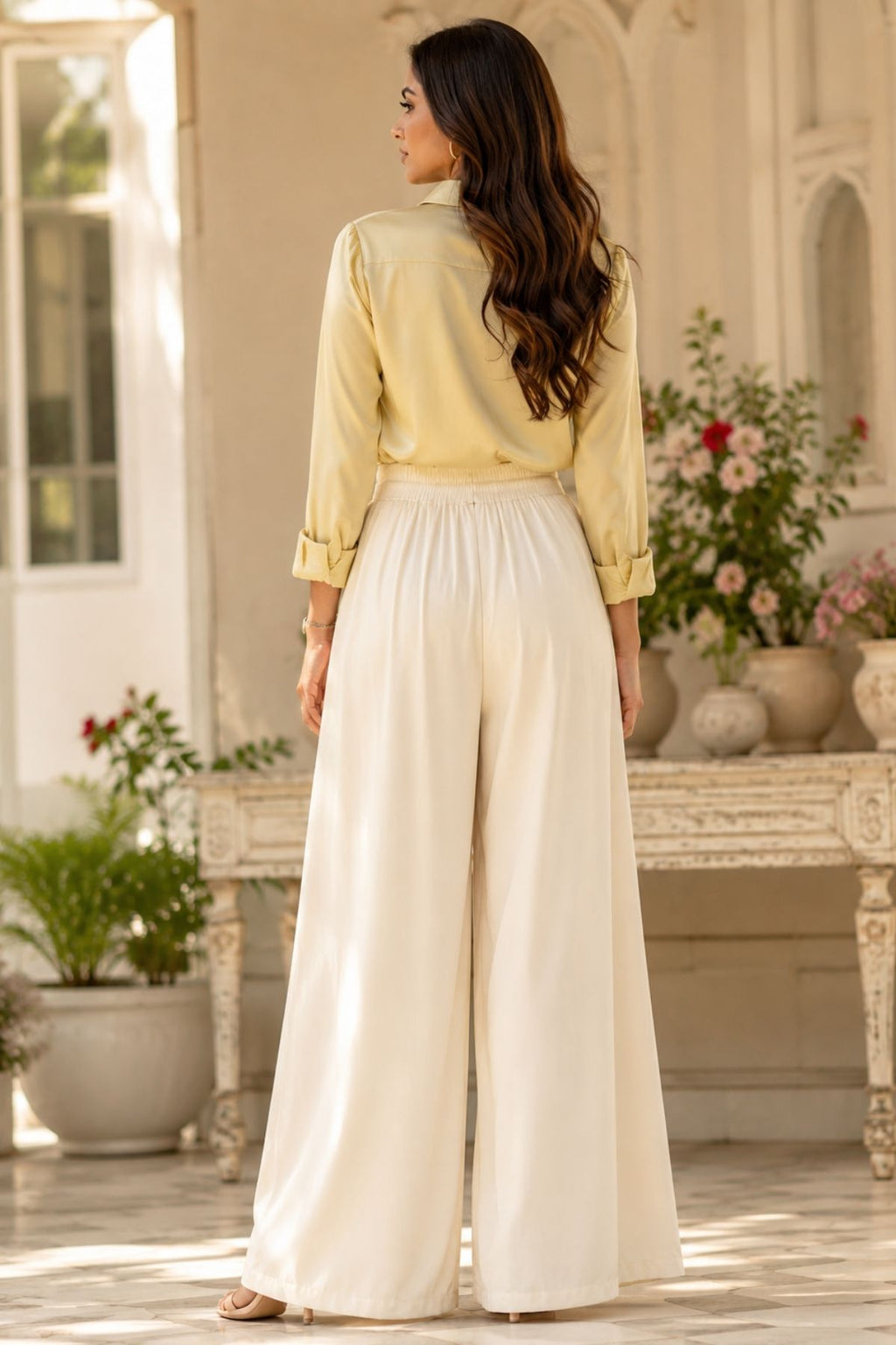 Korean Stylish Pleated Wide-Leg Cream Pants