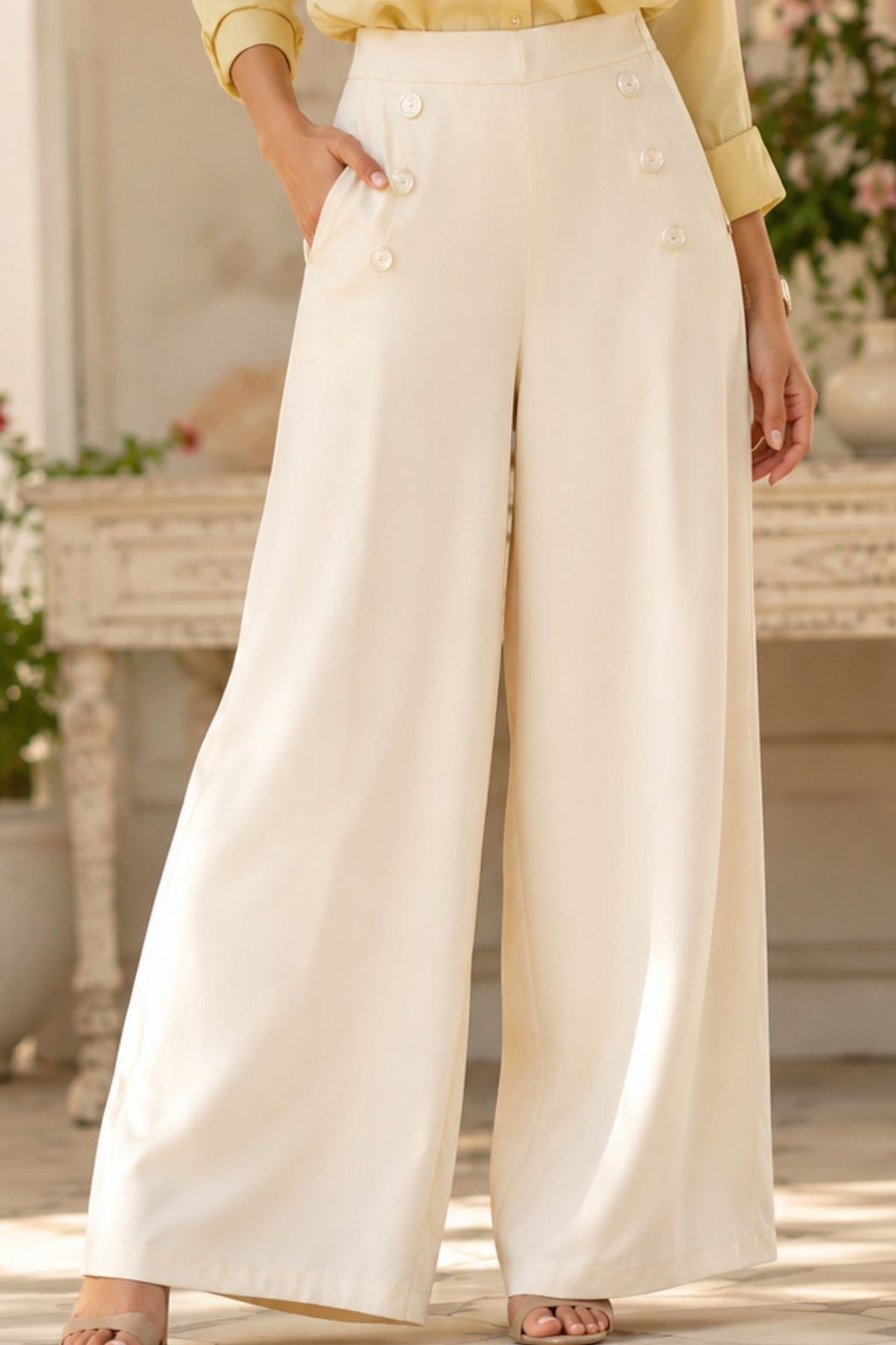 Korean Stylish Pleated Wide-Leg Cream Pants