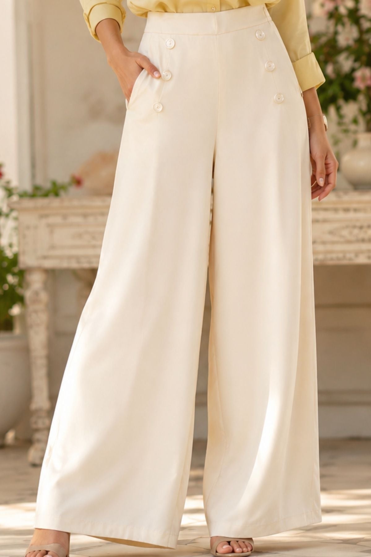 Korean Stylish Pleated Wide-Leg Cream Pants
