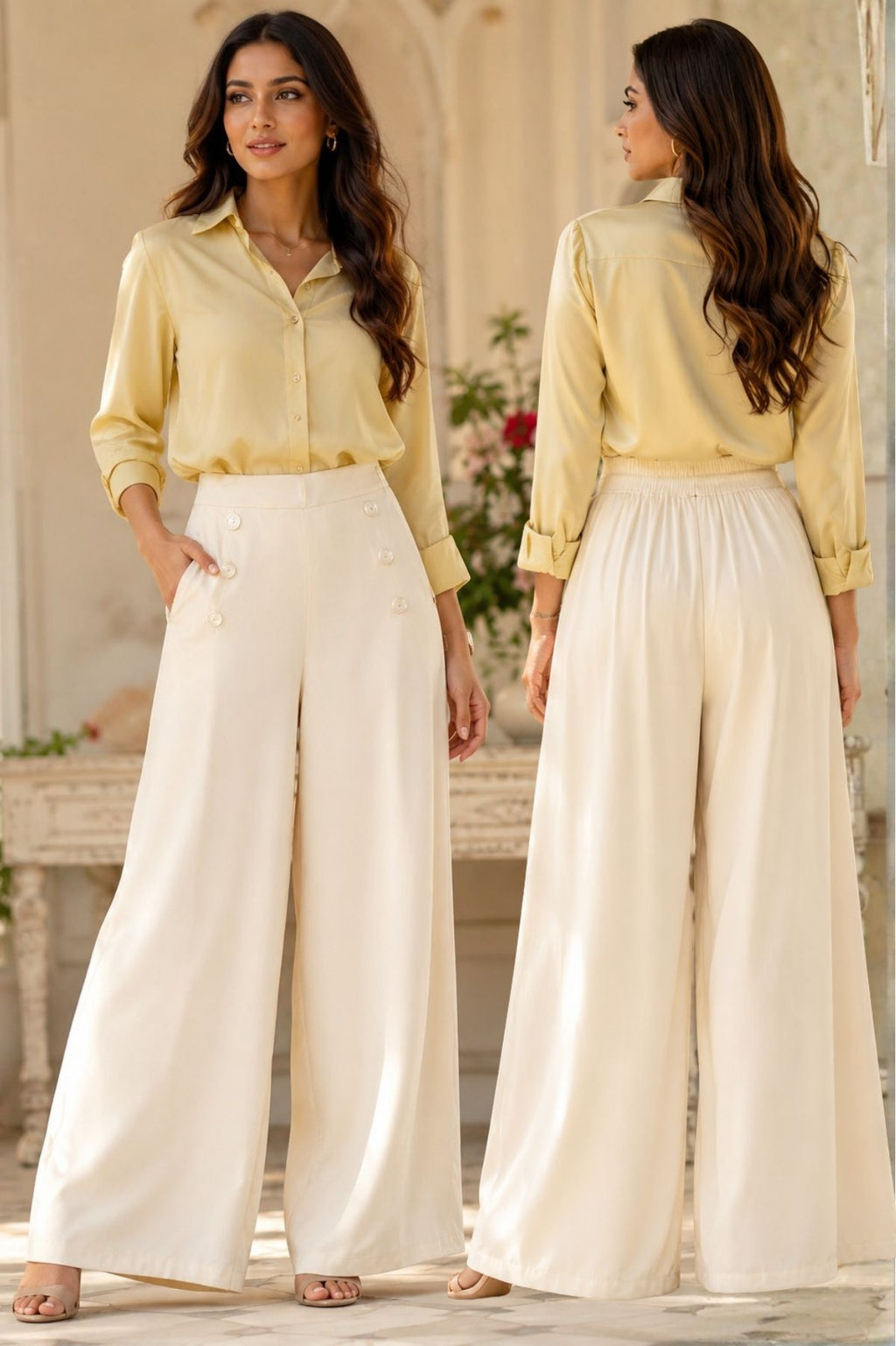 Korean Stylish Pleated Wide-Leg Cream Pants