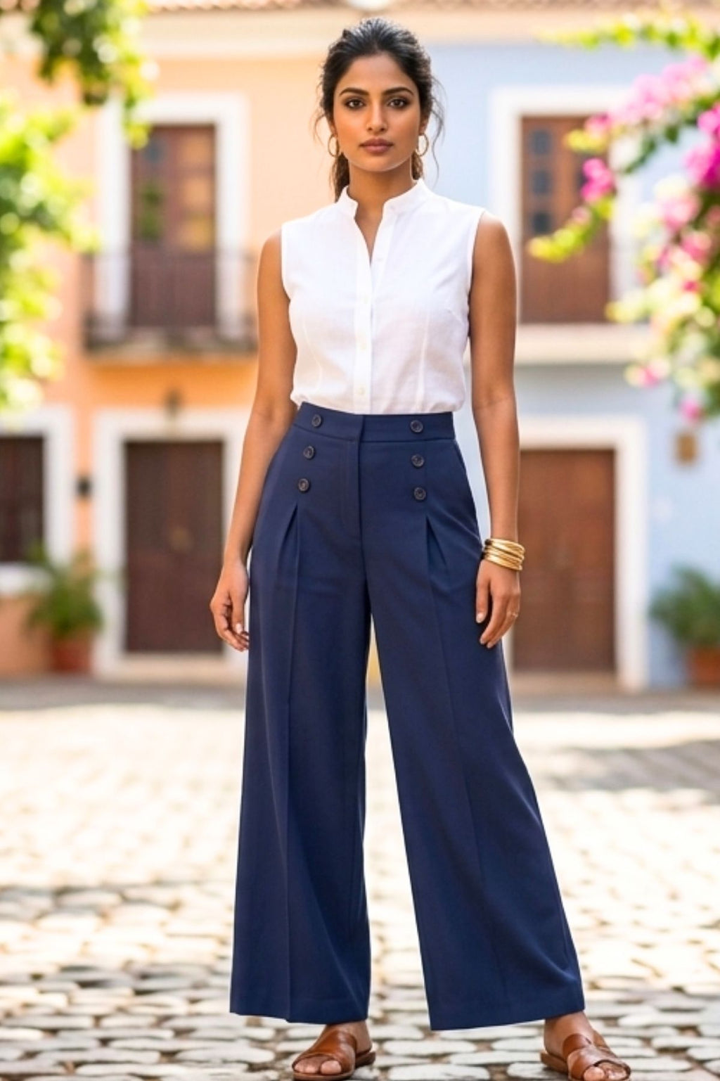 Korean Stylish Pleated Wide-Leg Blue Pants
