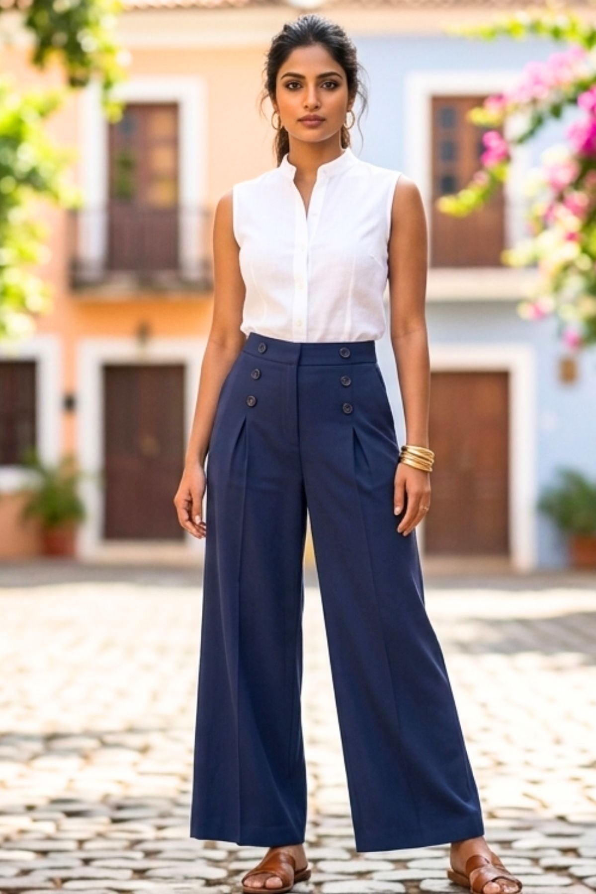 Korean Stylish Pleated Wide-Leg Blue Pants