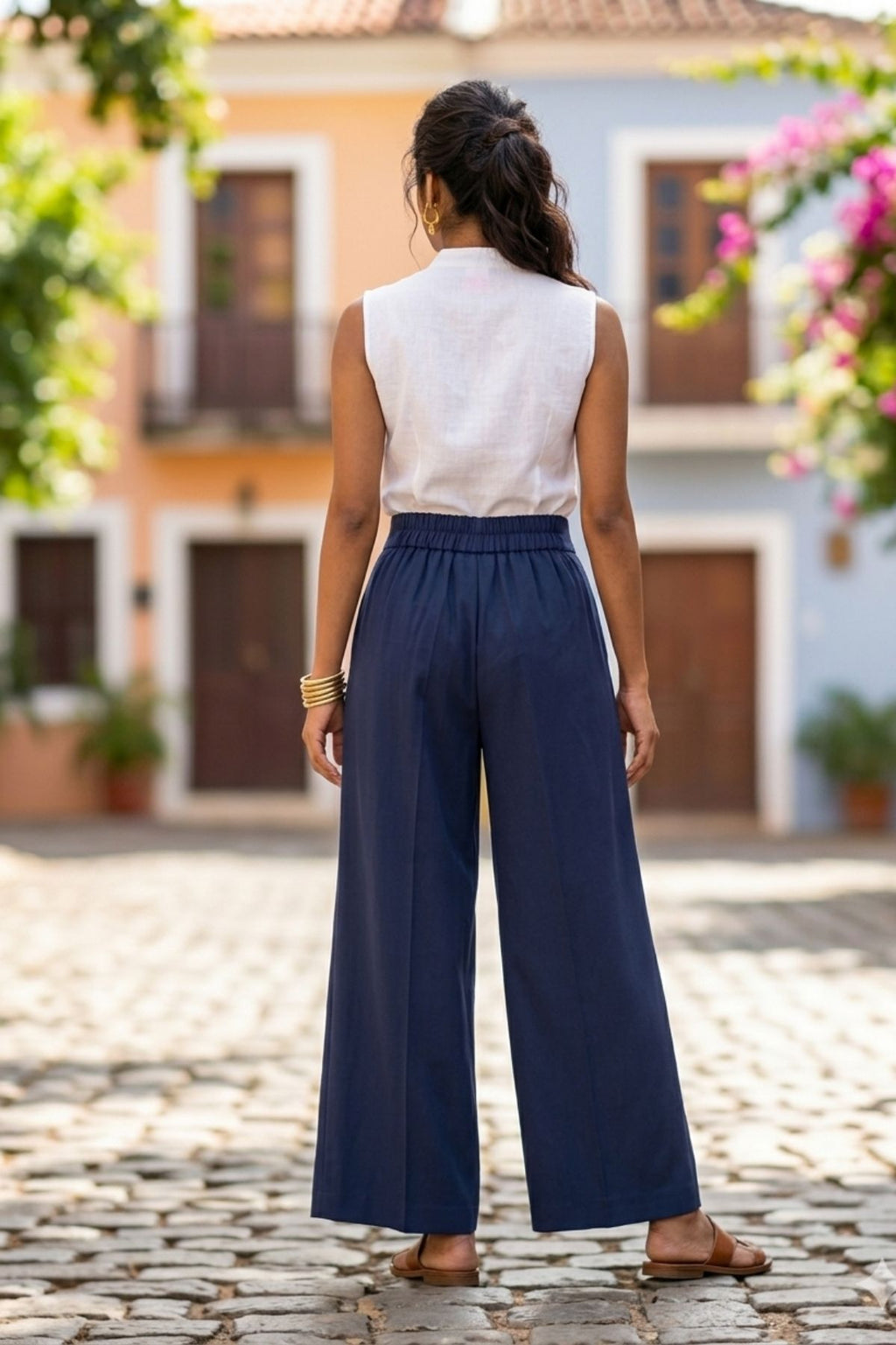 Korean Stylish Pleated Wide-Leg Blue Pants