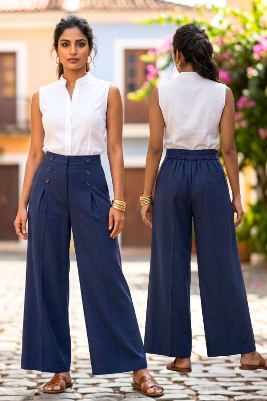 Korean Stylish Pleated Wide-Leg Blue Pants
