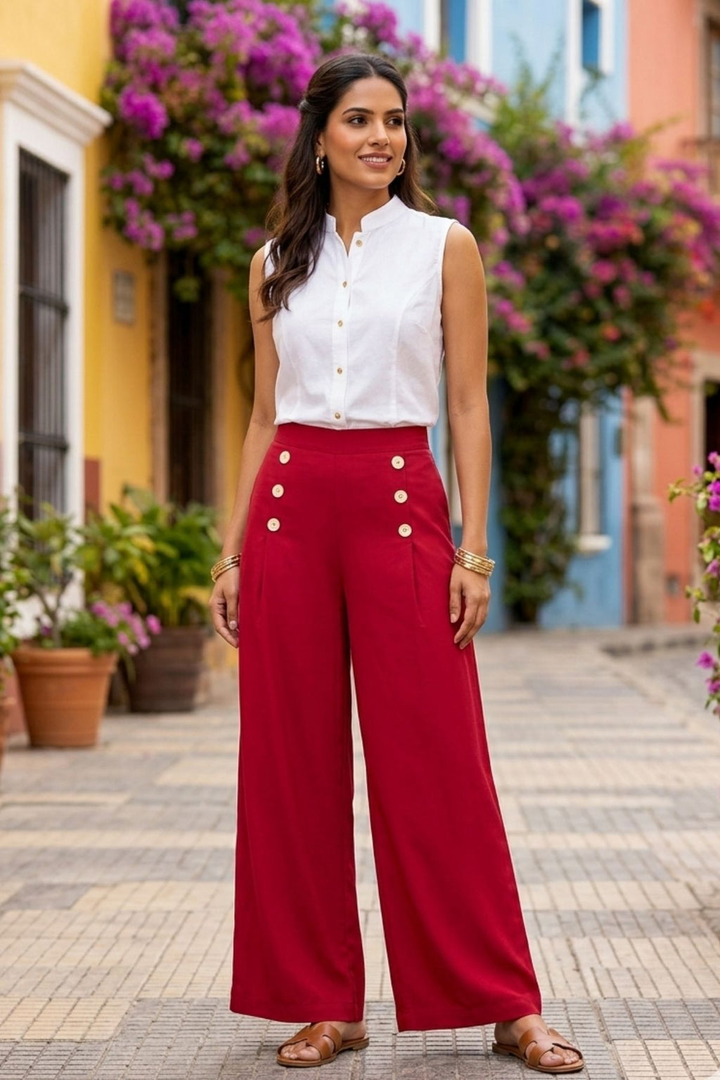 Korean Stylish Pleated Wide-Leg Red Pants