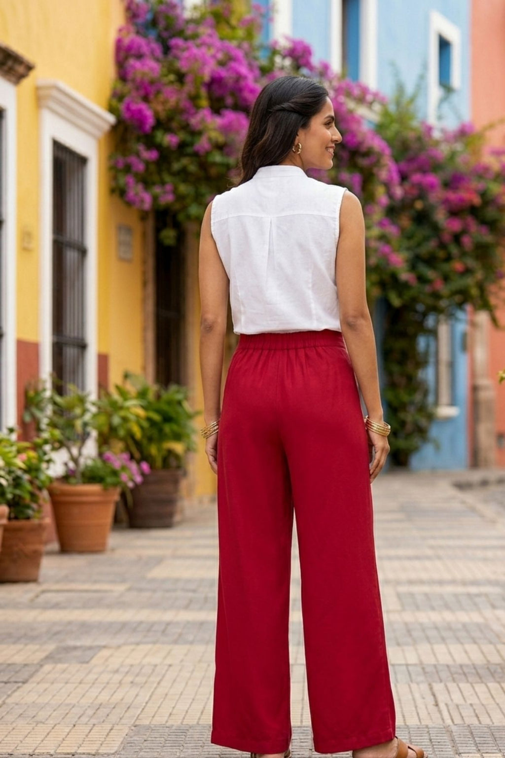 Korean Stylish Pleated Wide-Leg Red Pants