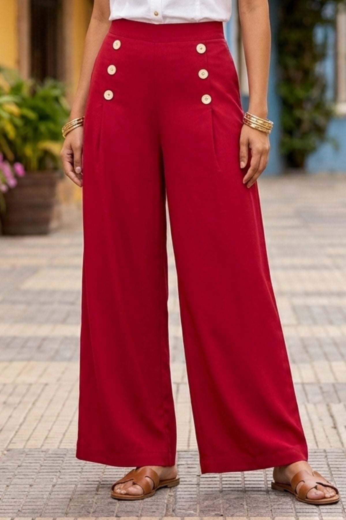 Korean Stylish Pleated Wide-Leg Red Pants