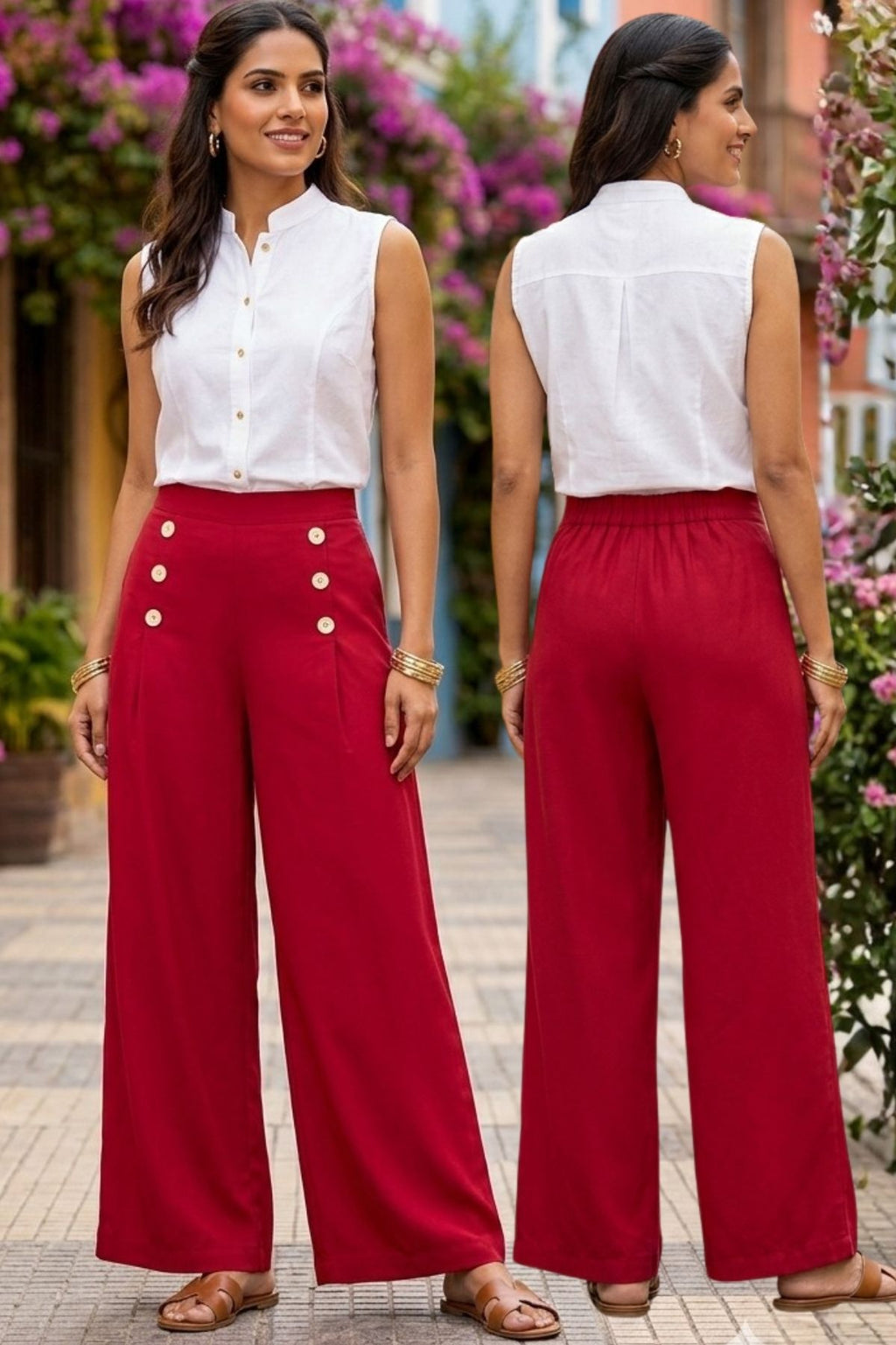 Korean Stylish Pleated Wide-Leg Red Pants