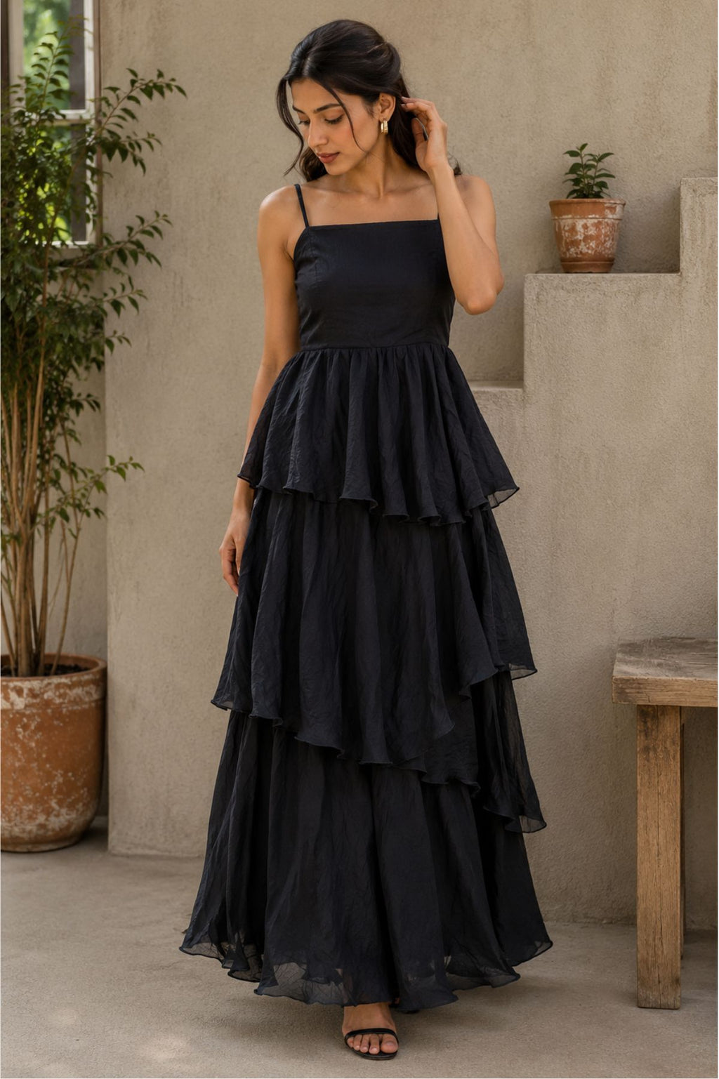 Black Sheer Silk Jacket With Strapless Dress Set