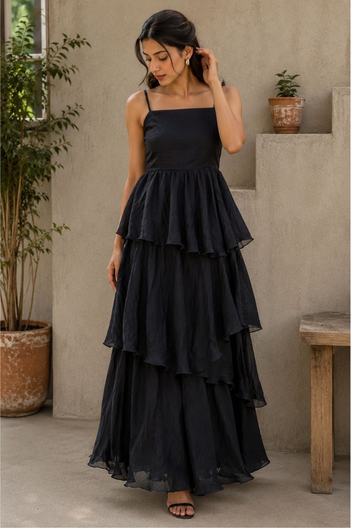Black Sheer Silk Jacket With Strapless Dress Set