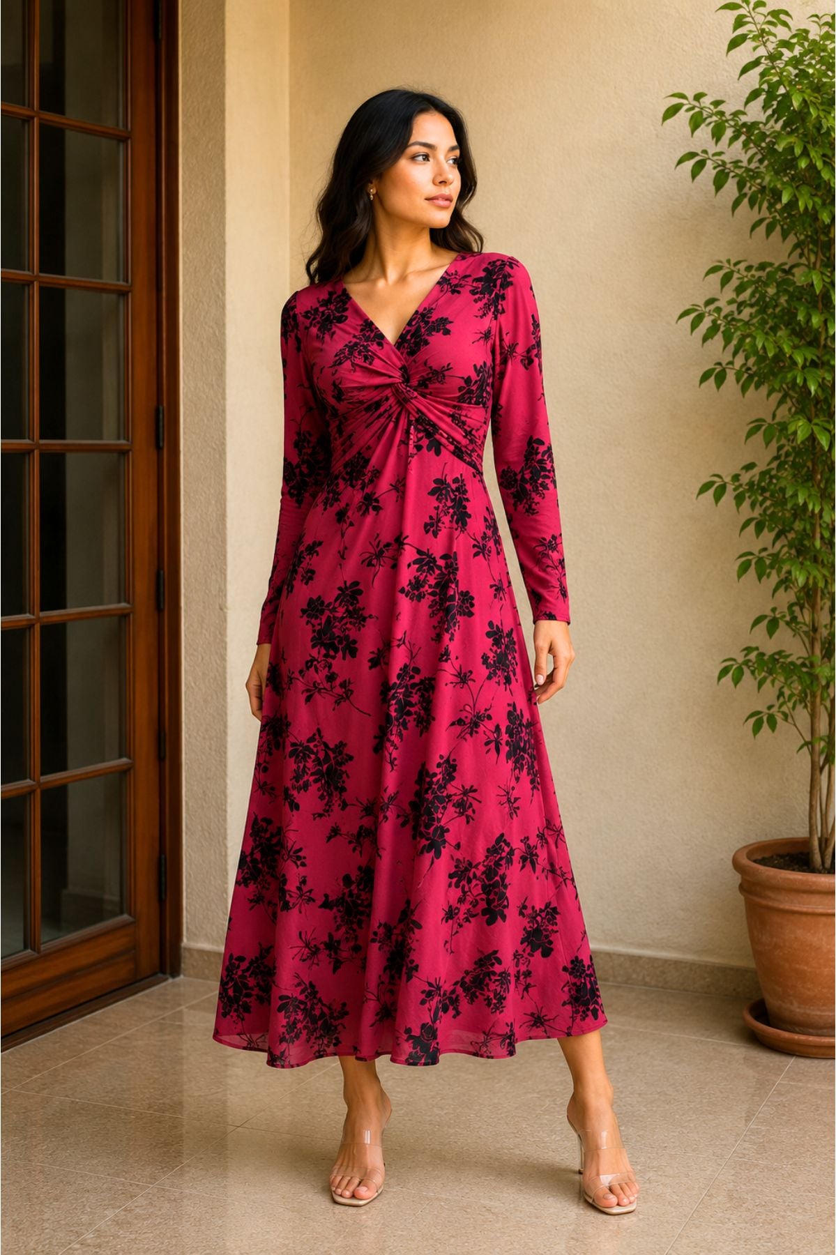 Dark Maroon Floral Mesh Bodycon Dress