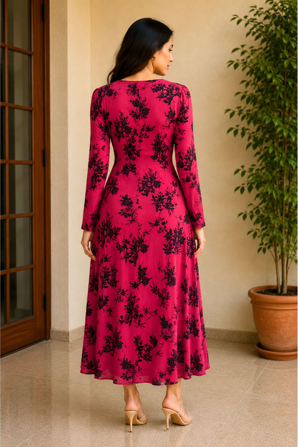 Dark Maroon Floral Mesh Bodycon Dress