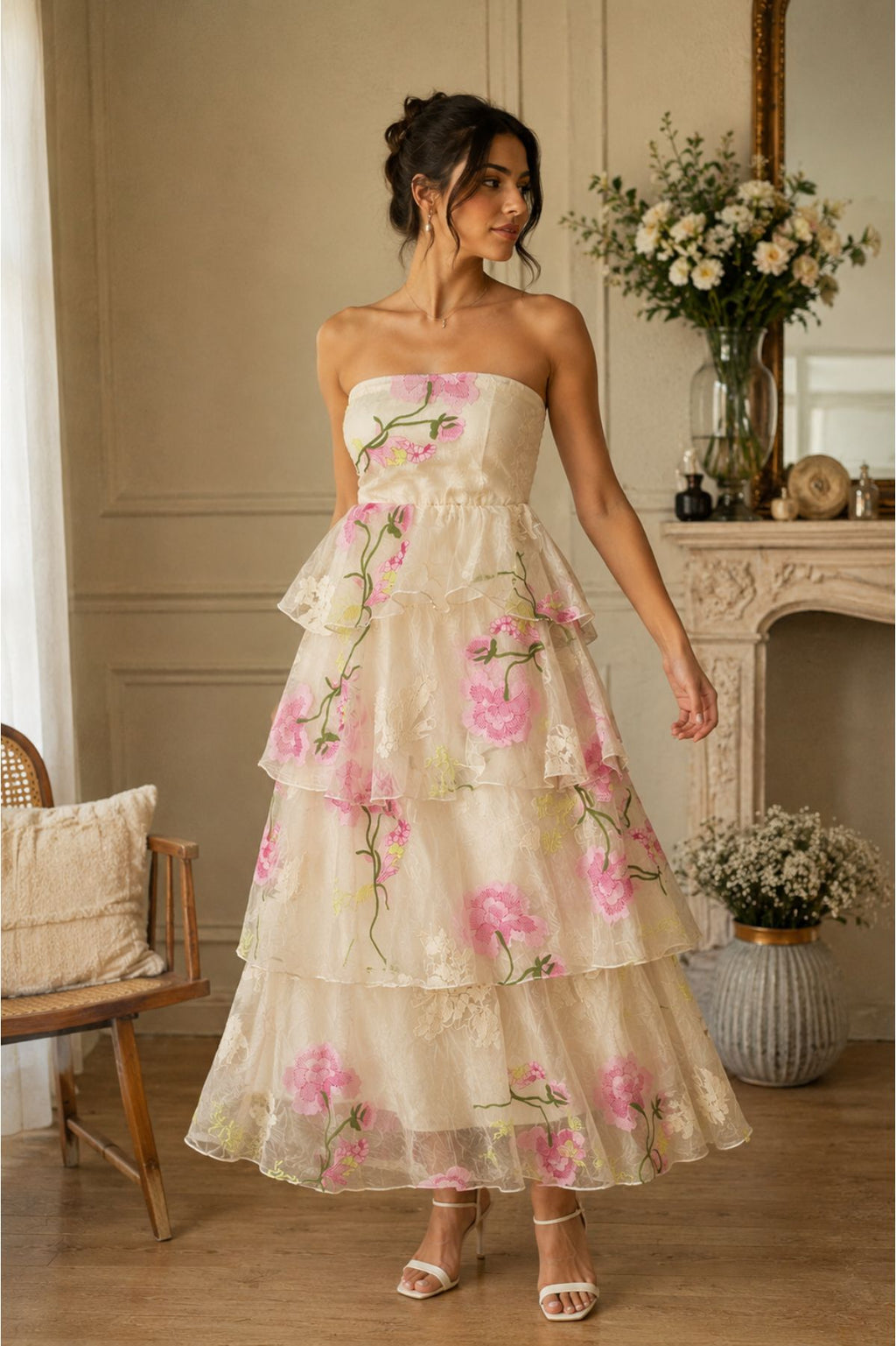 Sheer Floral Embroidery Dress