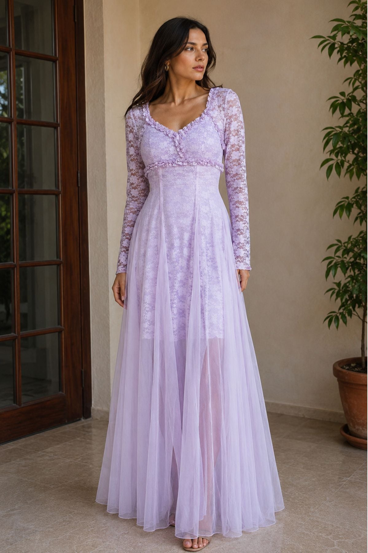 Long Sleeves Lace Dress With Ruffled Neckline