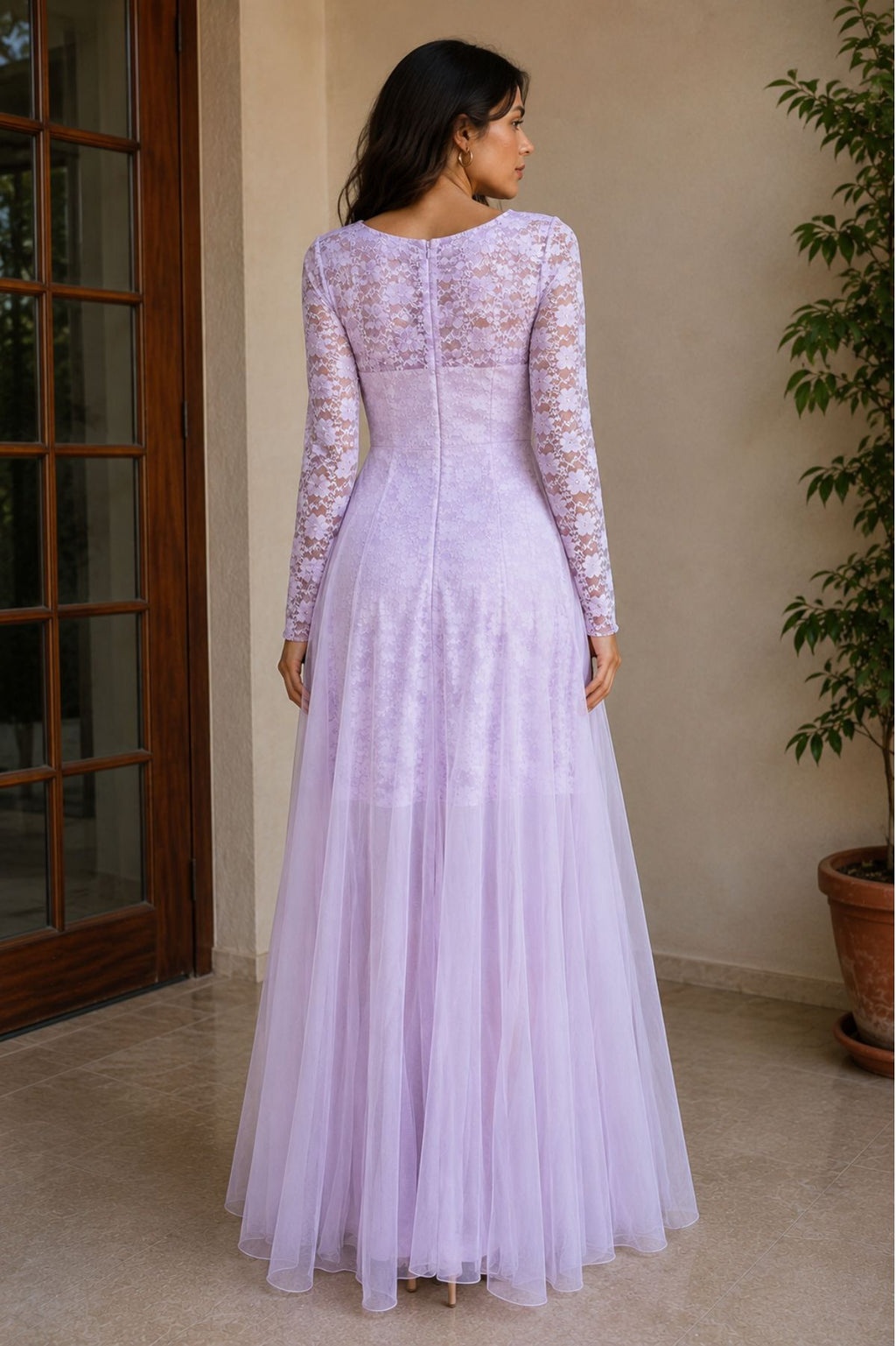 Long Sleeves Lace Dress With Ruffled Neckline