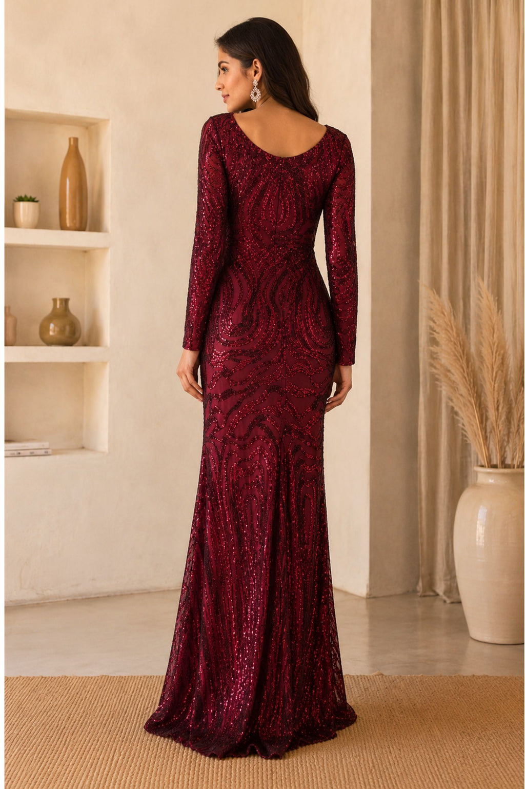 Sequined Slit Long Sleeve Maxi Gown