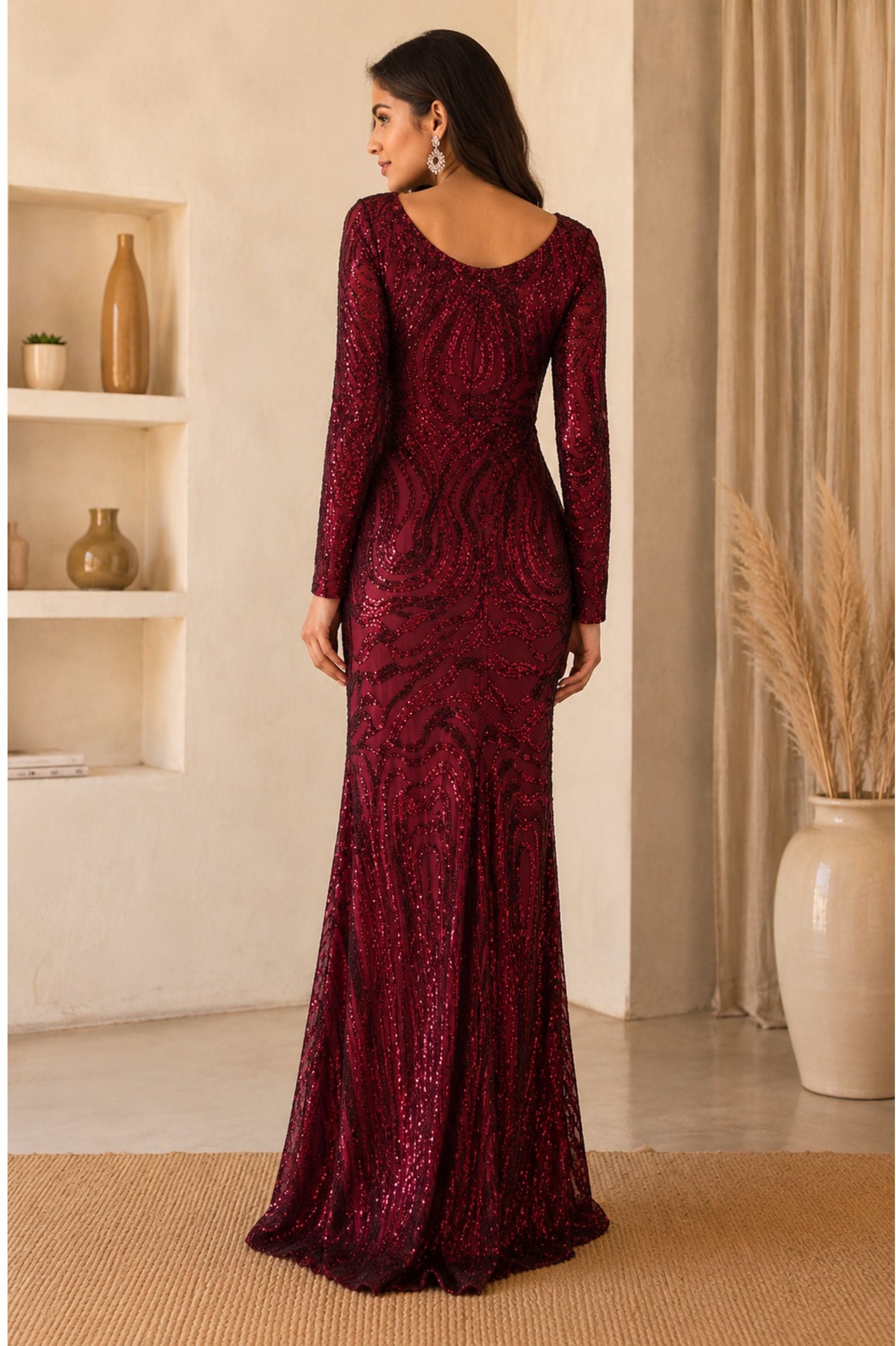 Sequined Slit Long Sleeve Maxi Gown