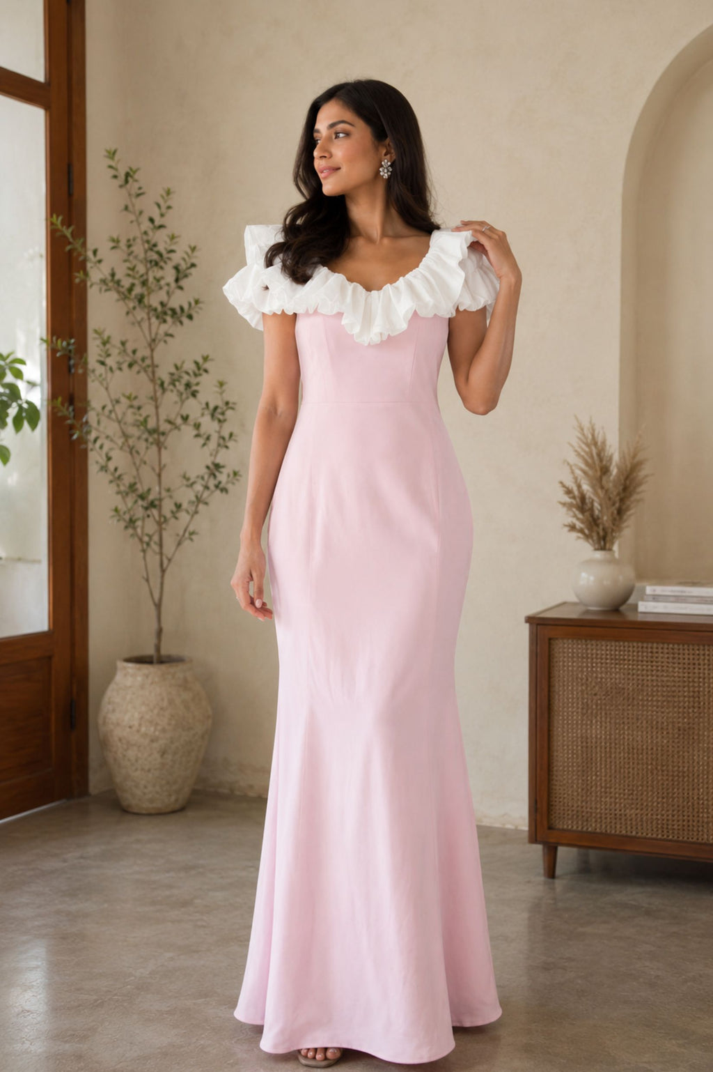 Light Pink and White Off-Shoulder Party Dress