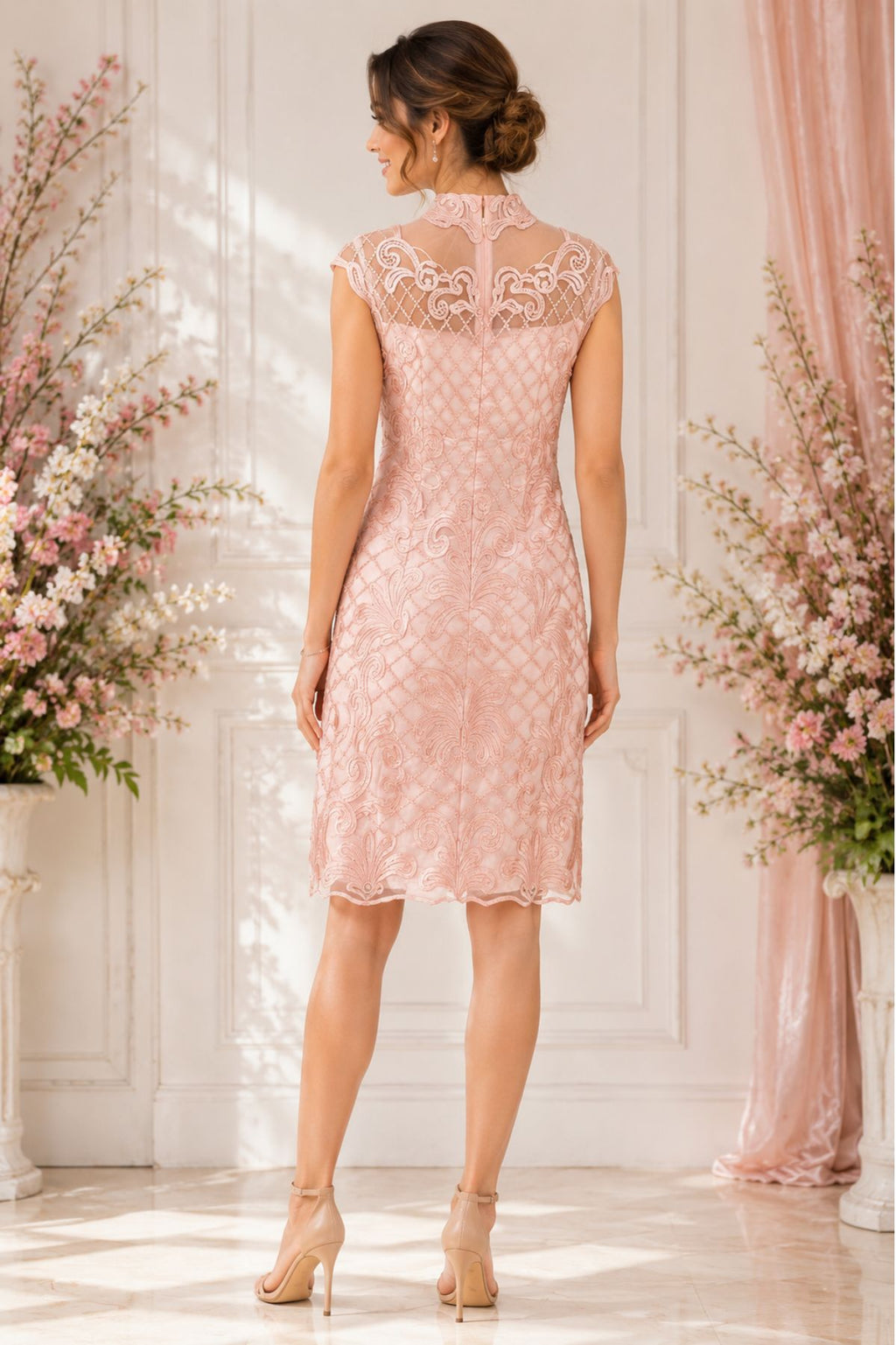 Pastel Pink Corded Lace Korean Mini Dress for Women