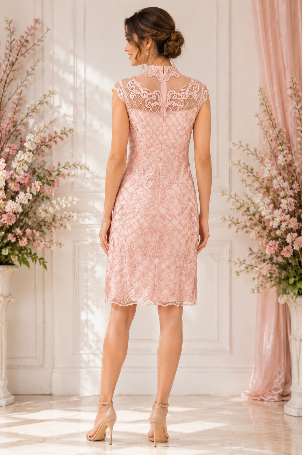 Pastel Pink Corded Lace Korean Mini Dress for Women