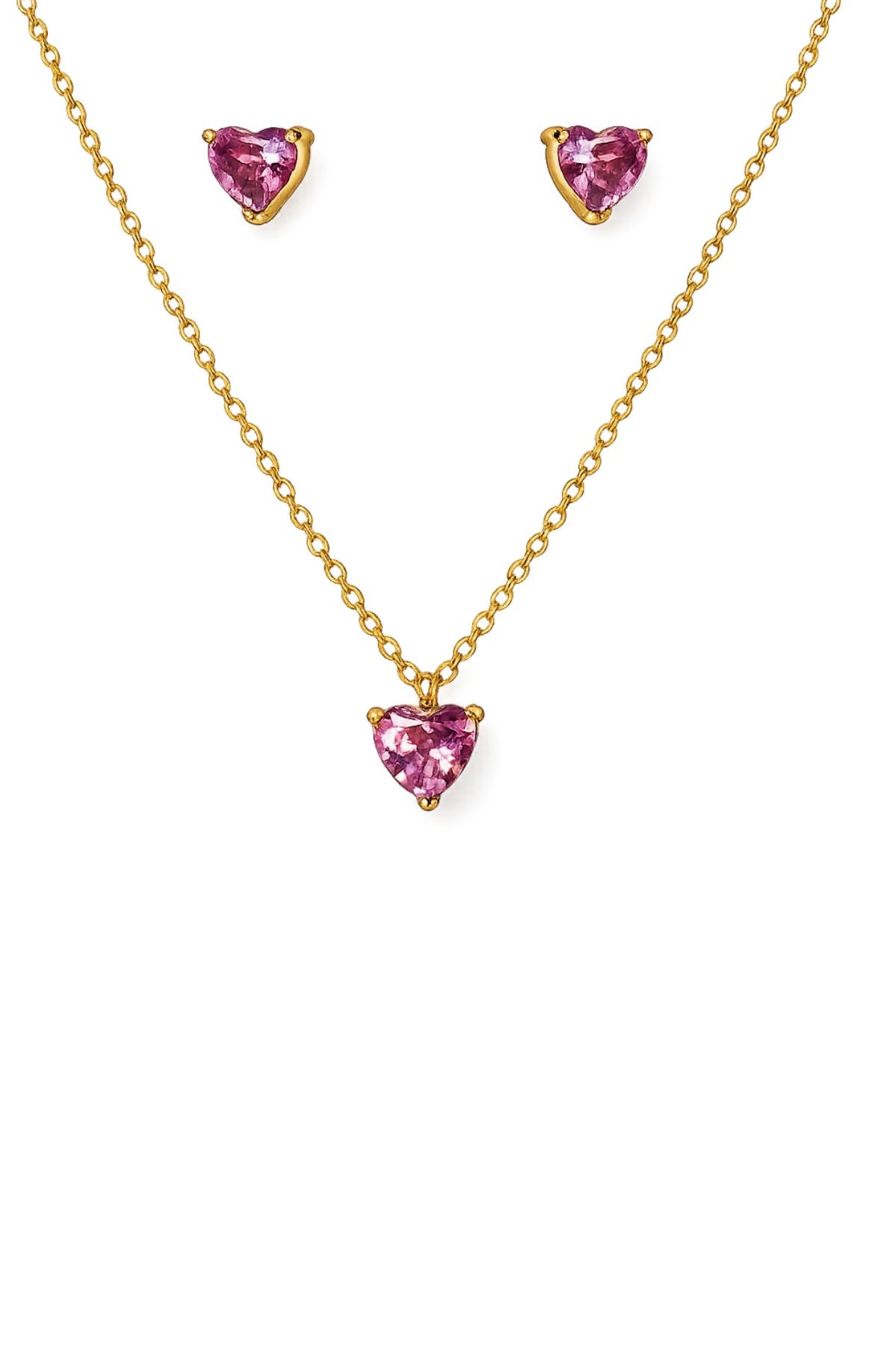 Gold Diamond Heart Pendant Chain Set with Earrings