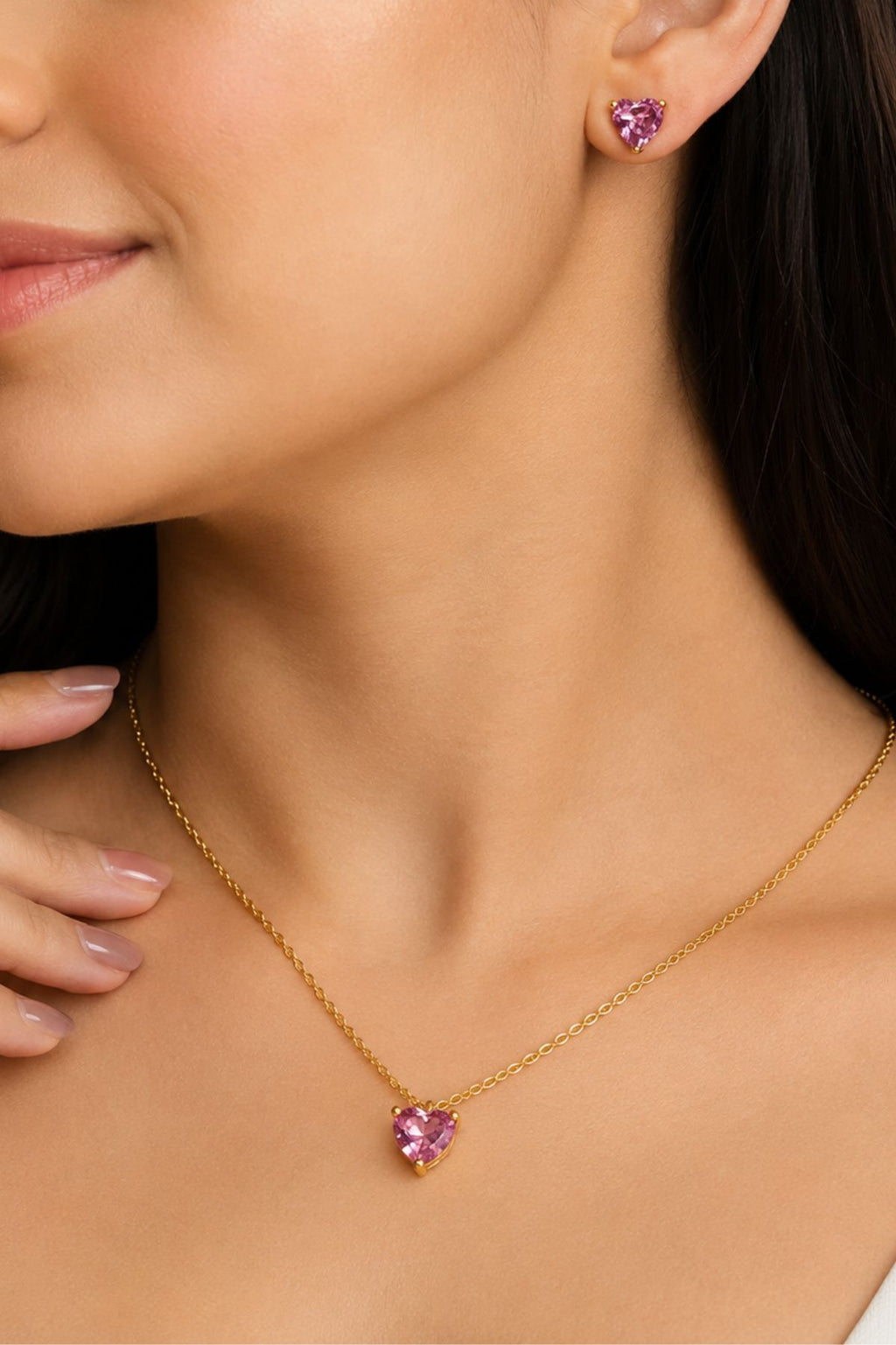 Gold Diamond Heart Pendant Chain Set with Earrings