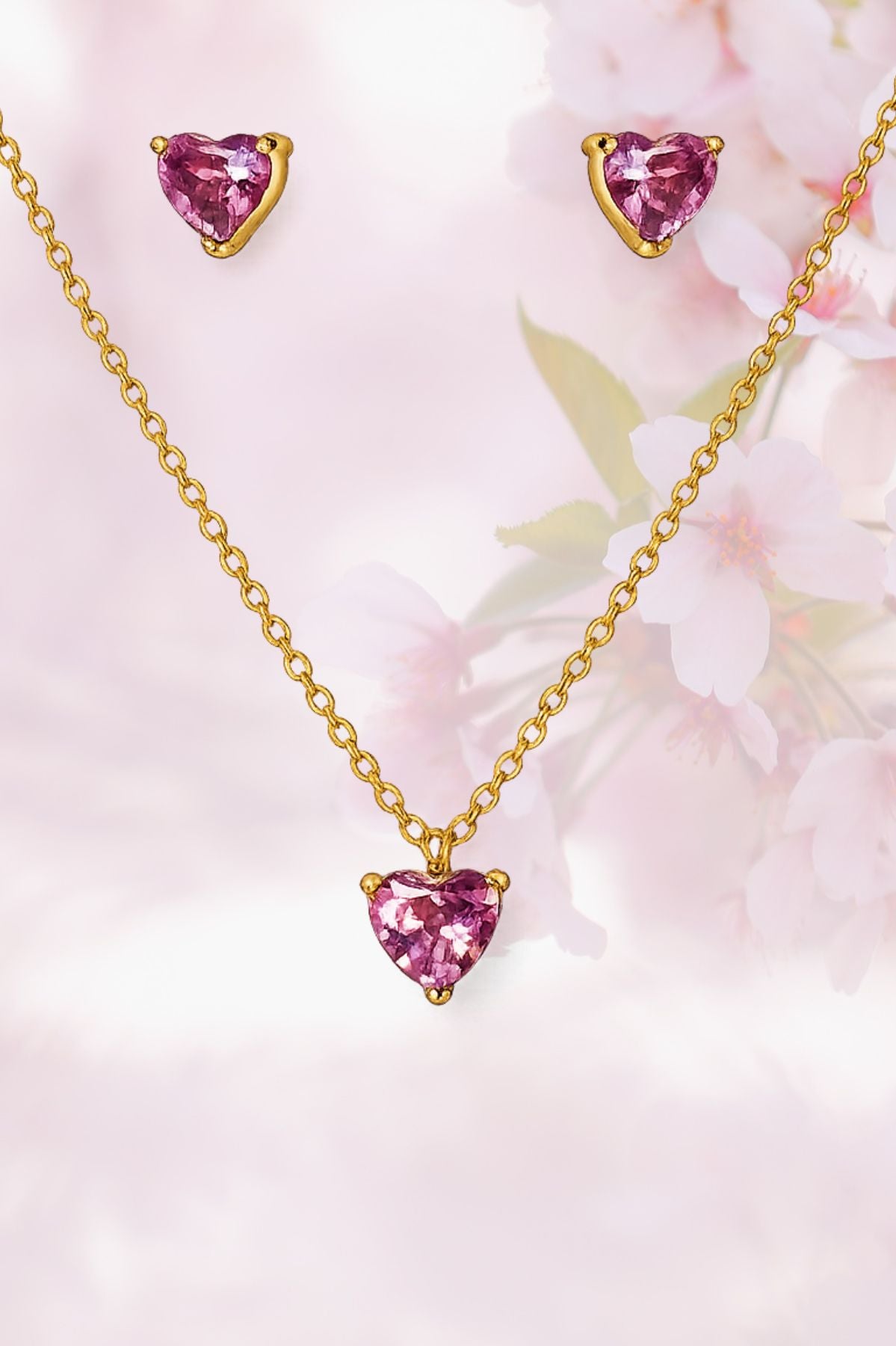 Gold Diamond Heart Pendant Chain Set with Earrings