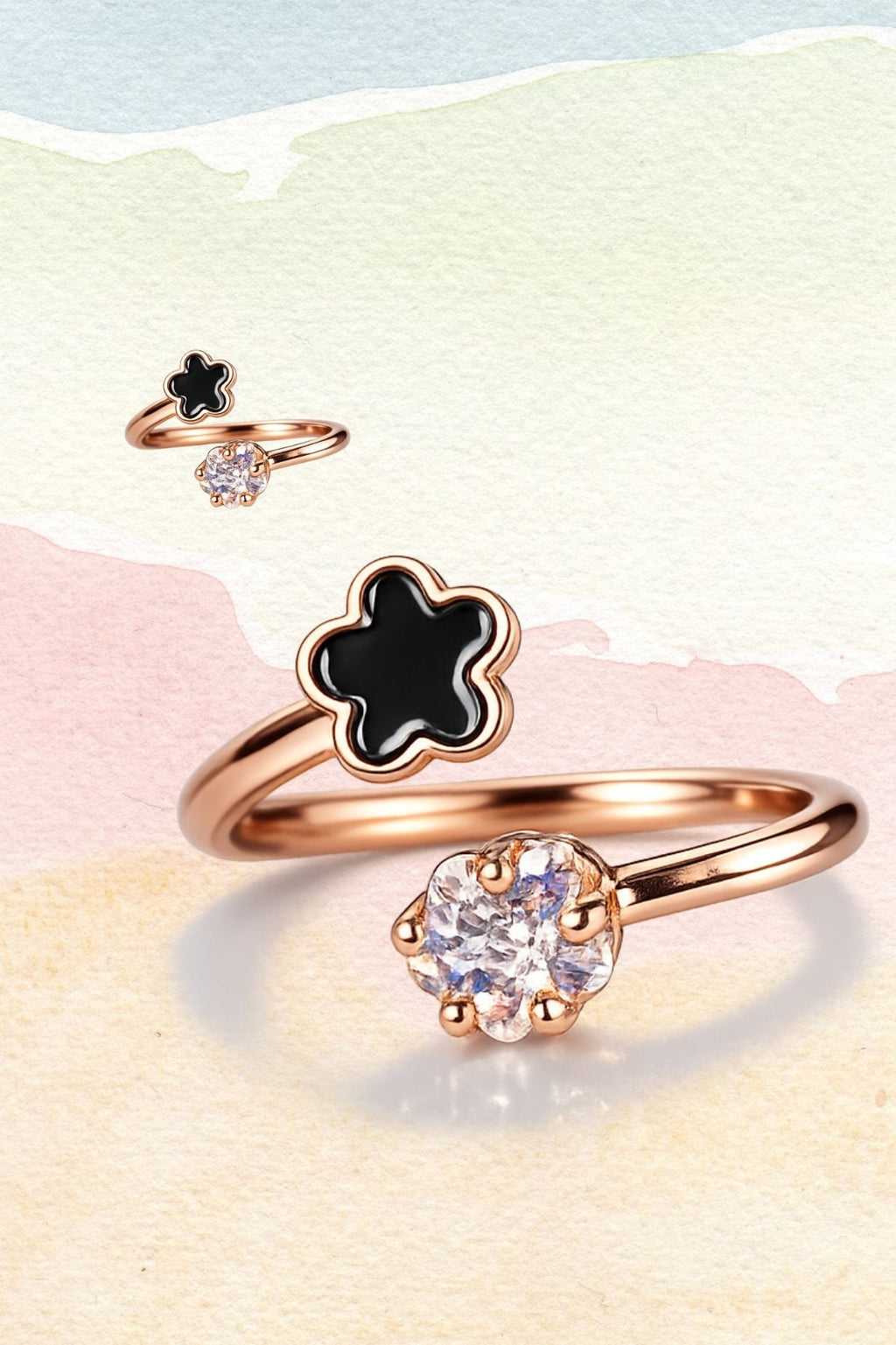 Crystal & Black Enamel Rose Gold Ring