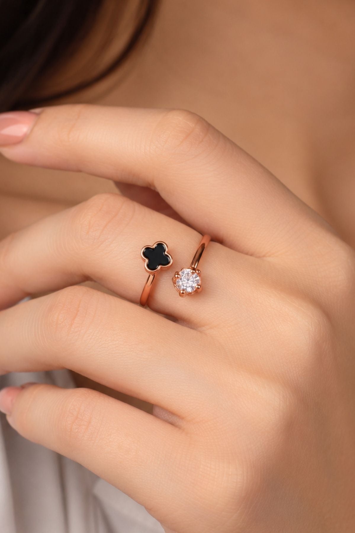 Crystal & Black Enamel Rose Gold Ring