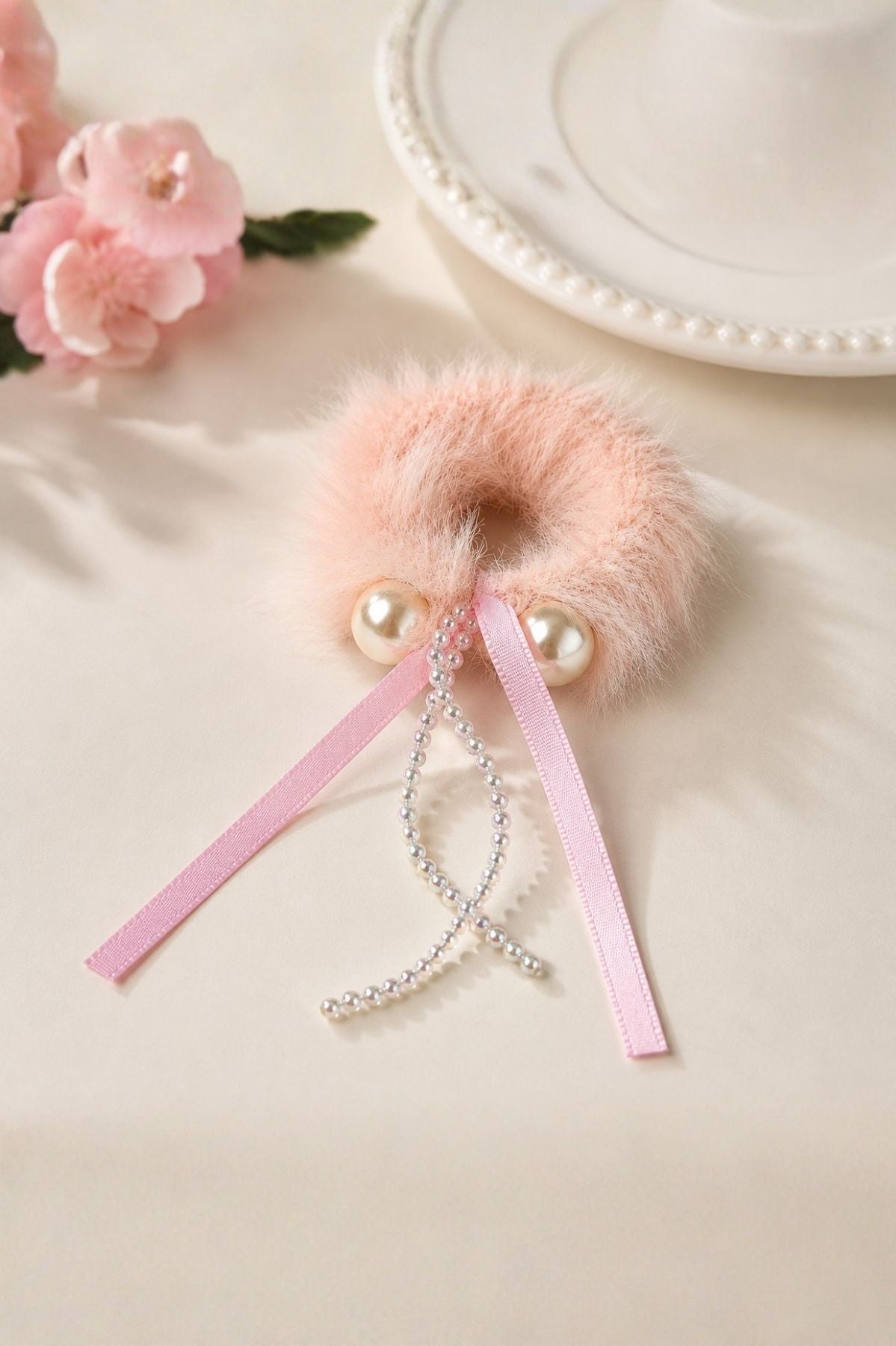 Peach Plush Pom Hair Tie