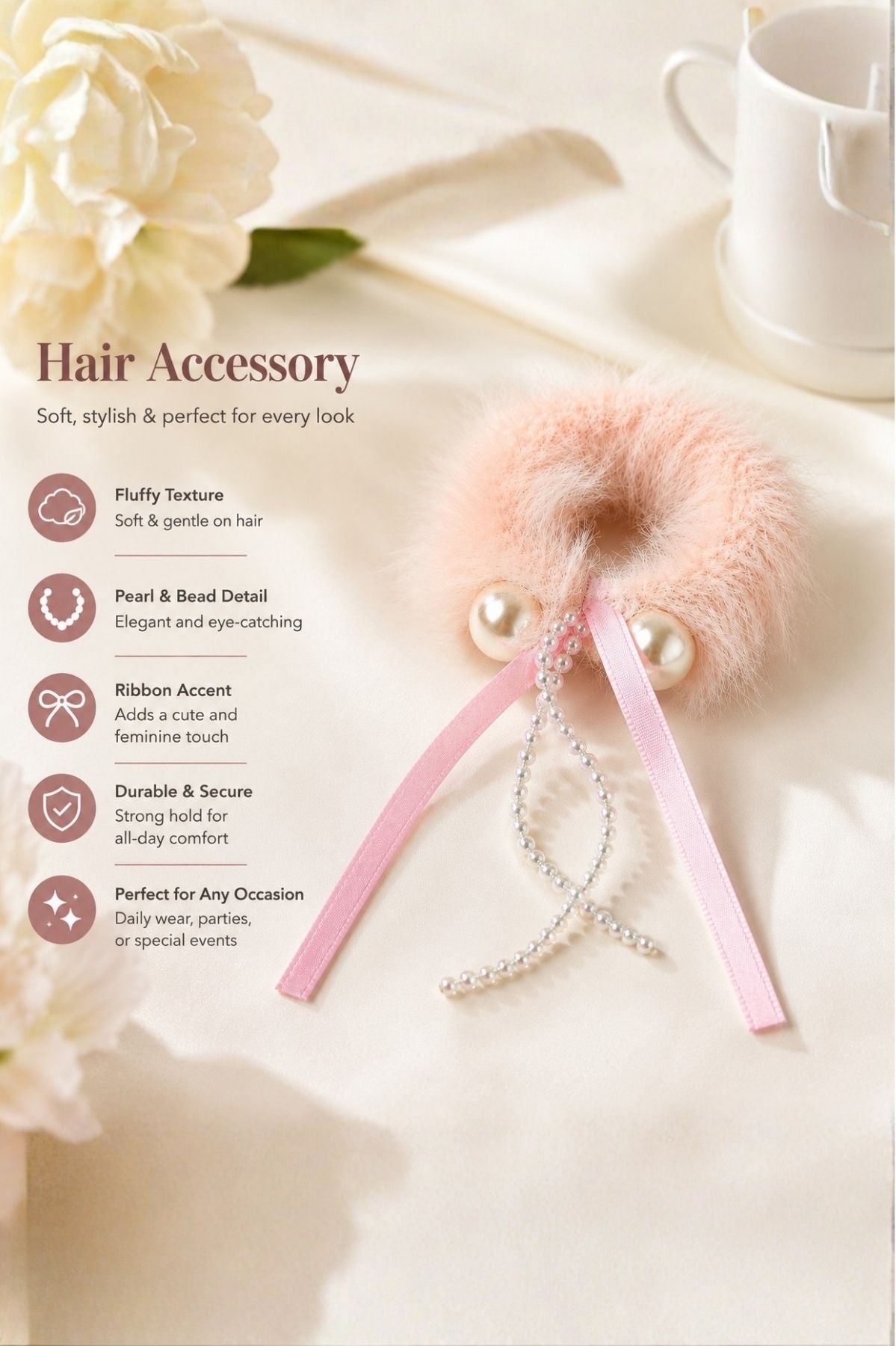 Peach Plush Pom Hair Tie