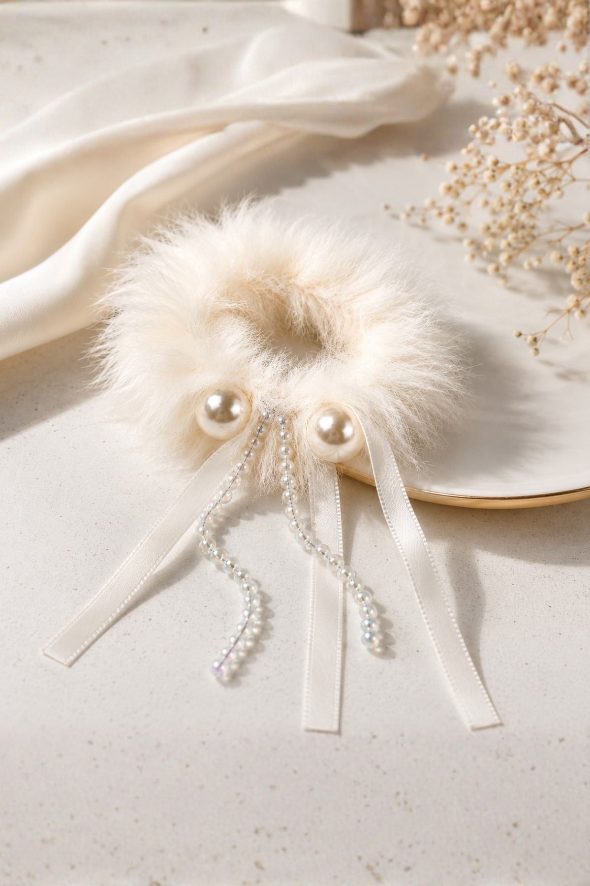 White Plush Pom Hair Tie