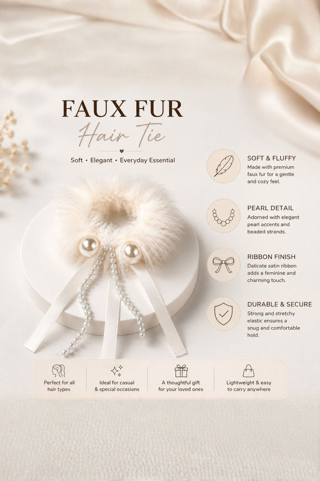 White Plush Pom Hair Tie