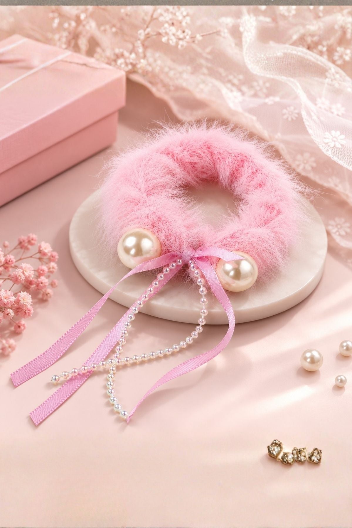Pink Plush Pom Hair Tie