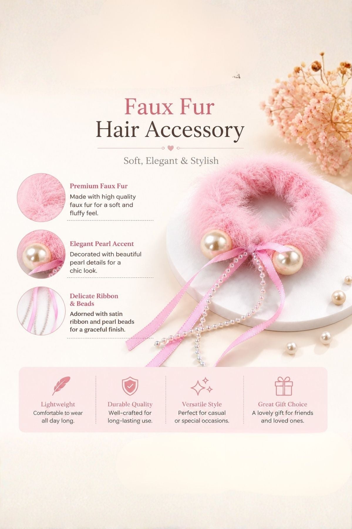 Pink Plush Pom Hair Tie